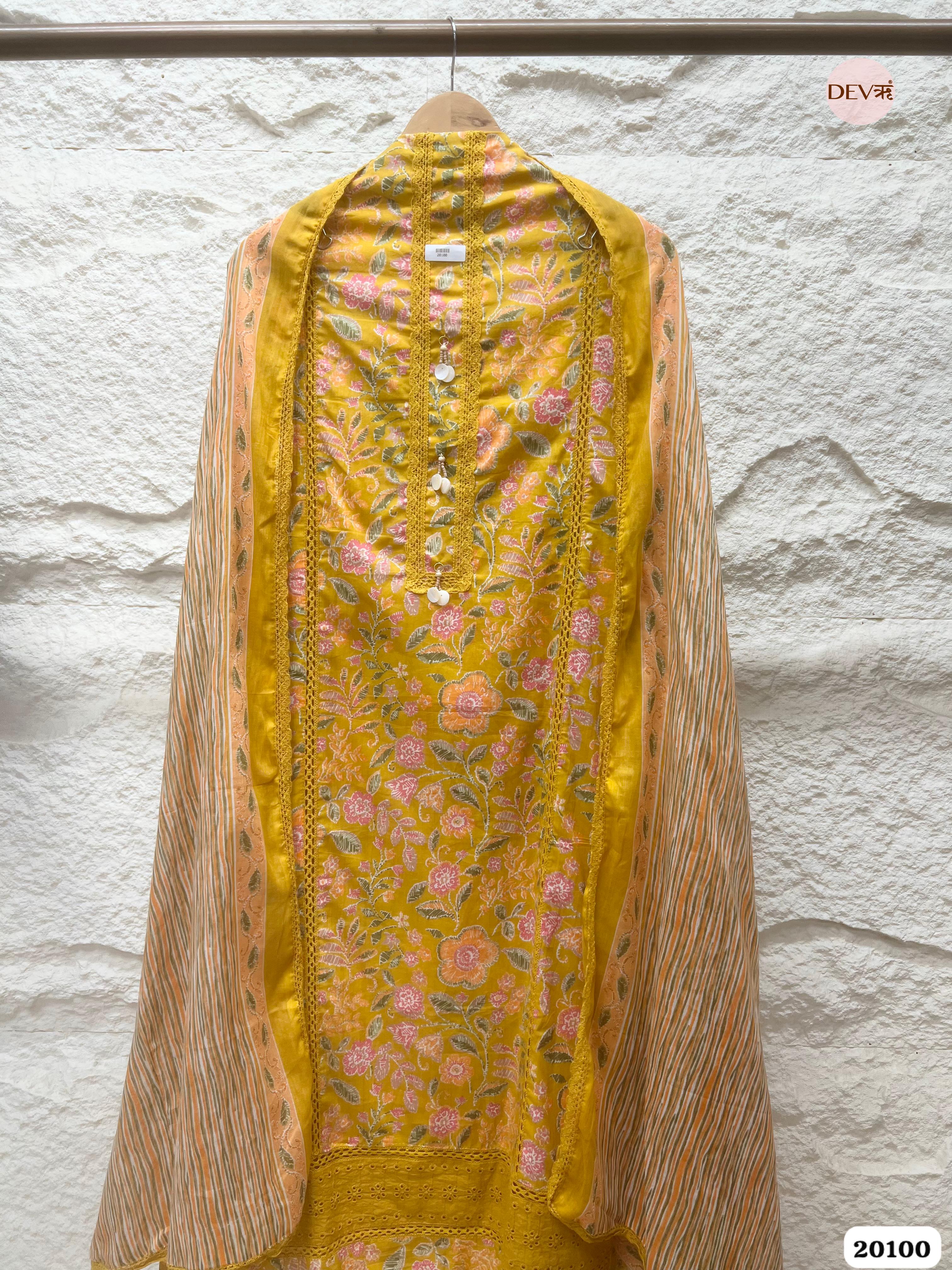 Mustard Yellow Cotton Printed Unstitched 3-Piece Suit (Devri – D.No 20100)