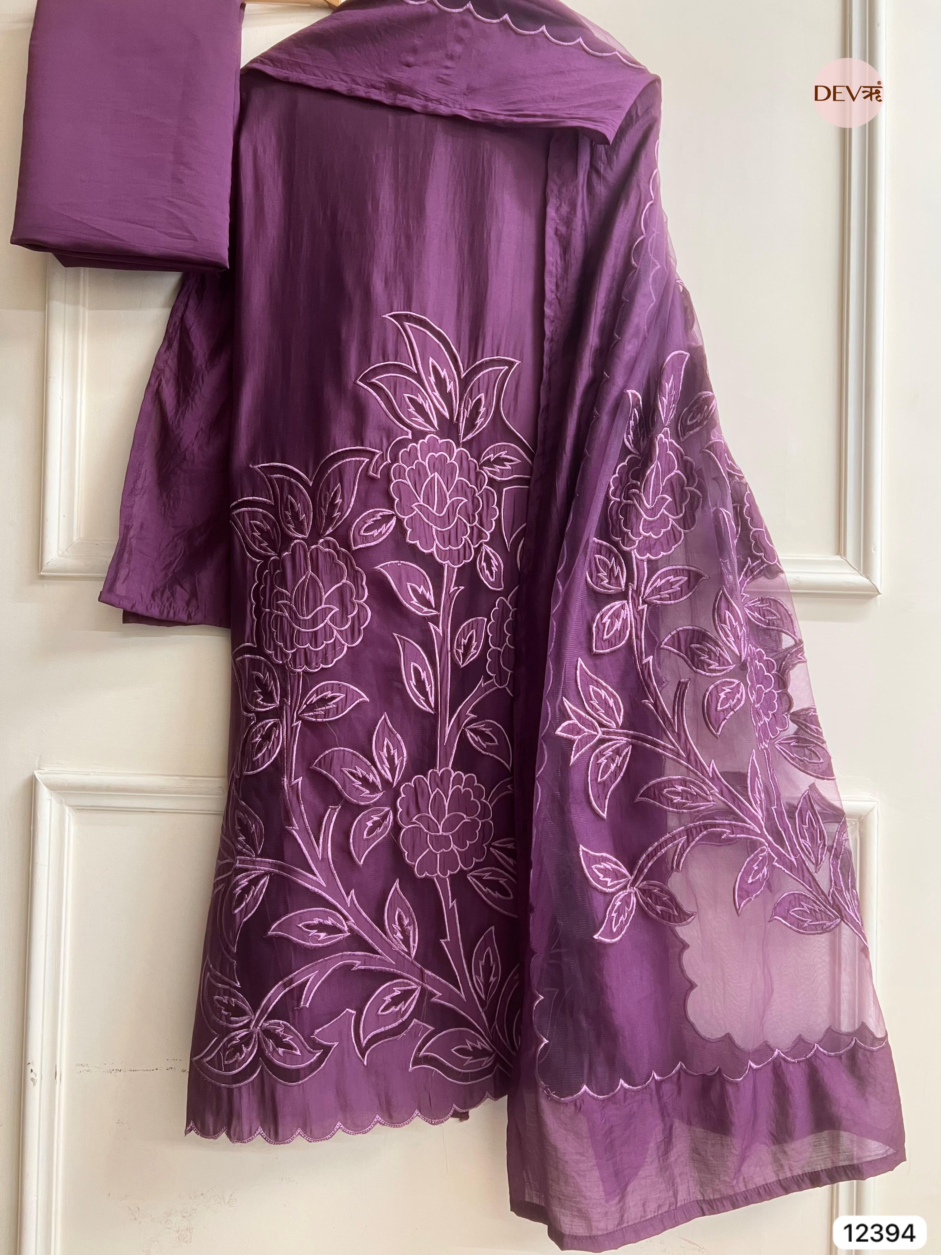 Plum Modal Silk Embroidered Unstitched 3-Piece Suit (Devri – D.No 12394)