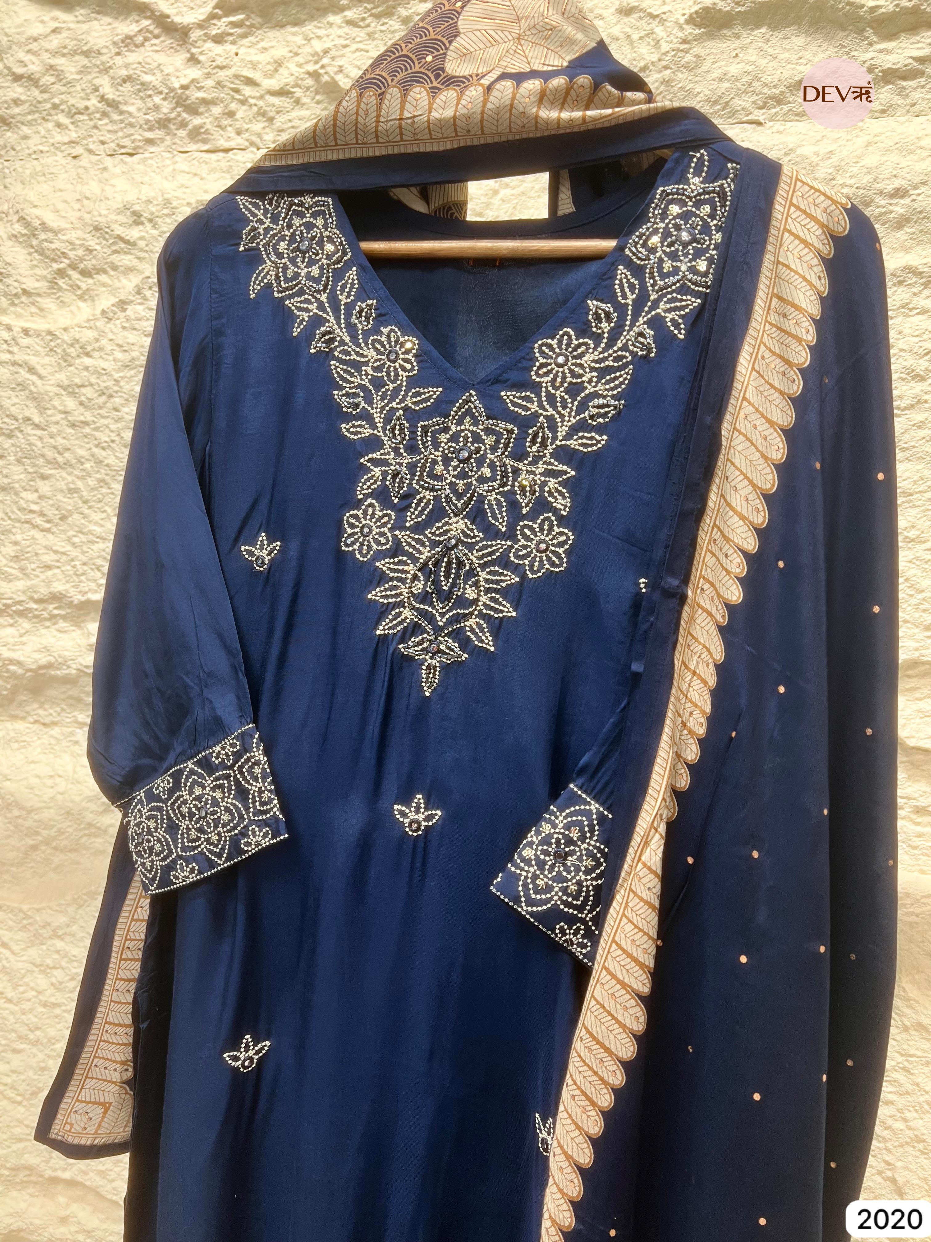 Navy Blue Embroidered Muslin 3-Piece Set - {2020}