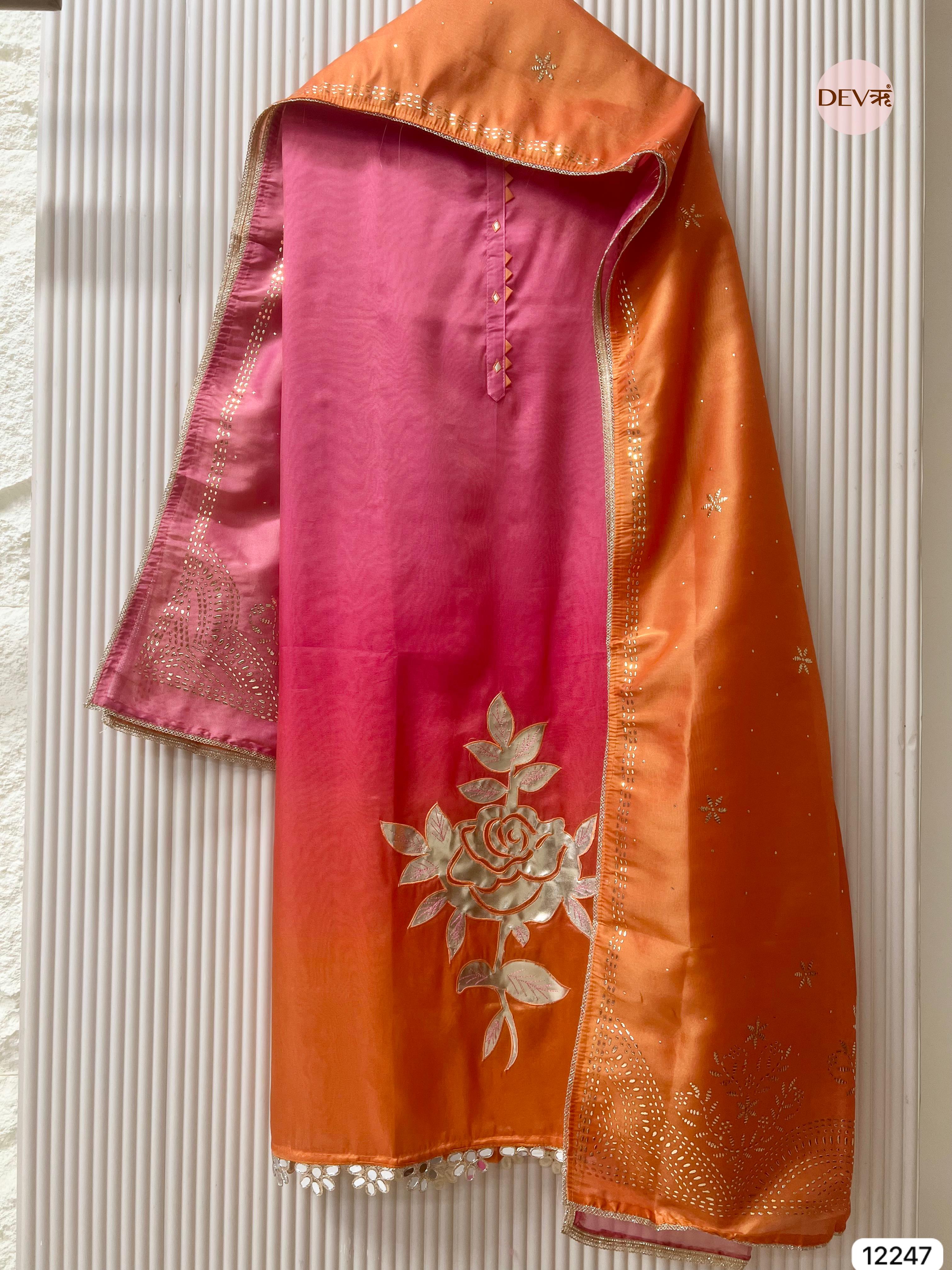 Orange Soft Tissue Shimmer Silk Embroidered Unstitched 3-Piece Suit (Devri – D.No 12247)