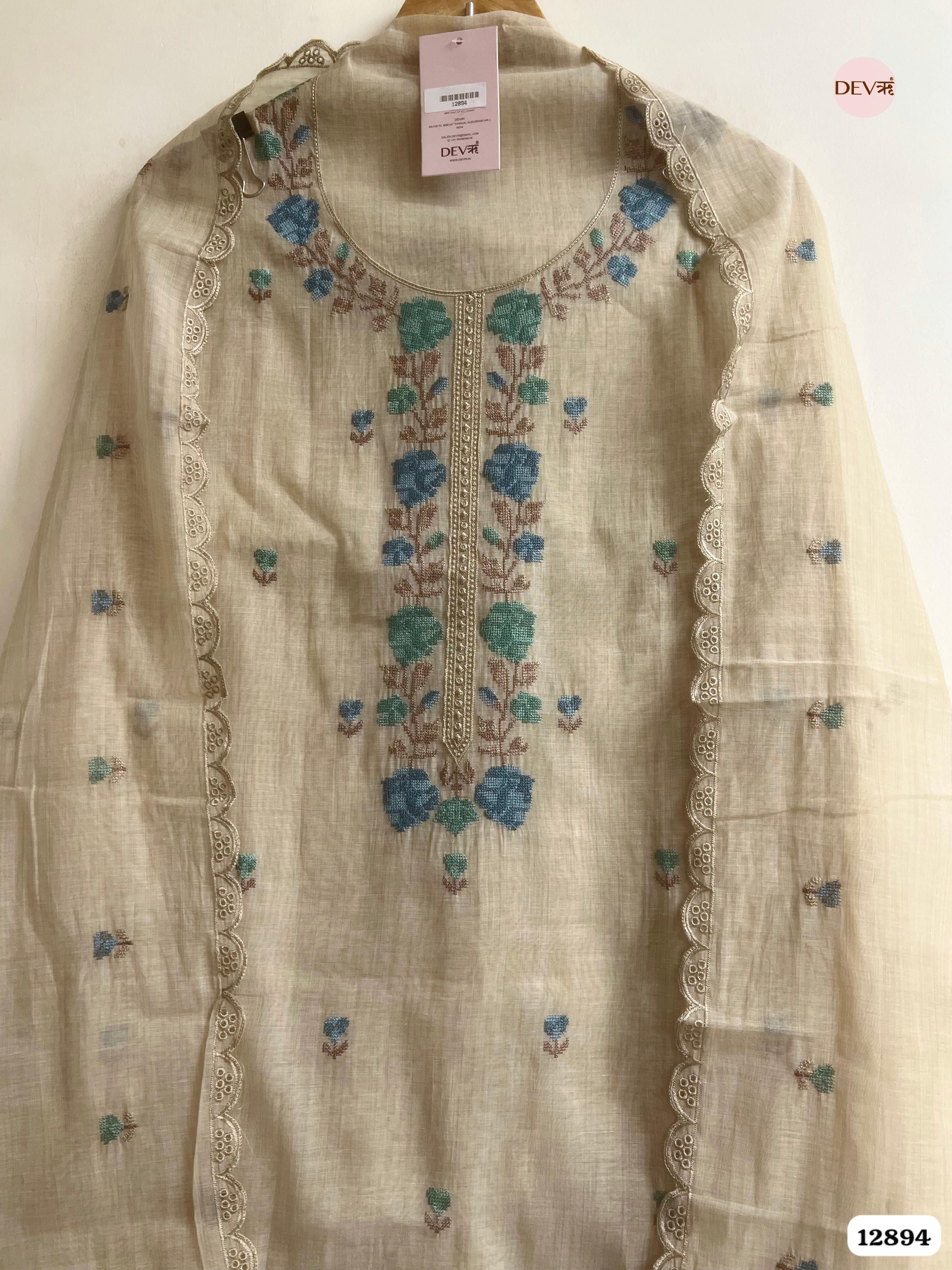 Beige Mul Chanderi Embroidered Unstitched 3-Piece Suit (Devri – D.No 12894)