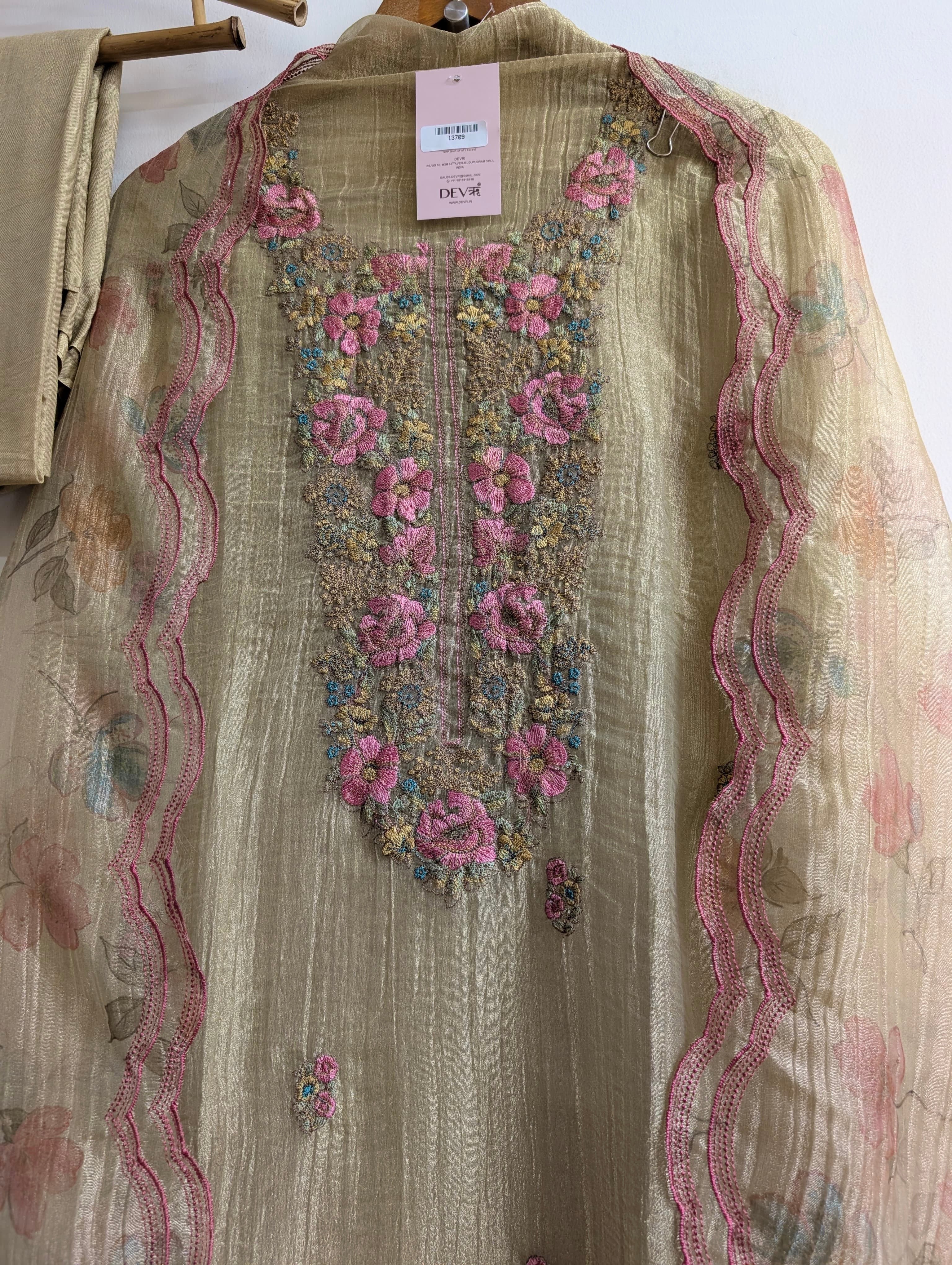 Beige Crush Tissue Silk Embroidered Unstitched 3-Piece Suit (Devri – D.No 13709)