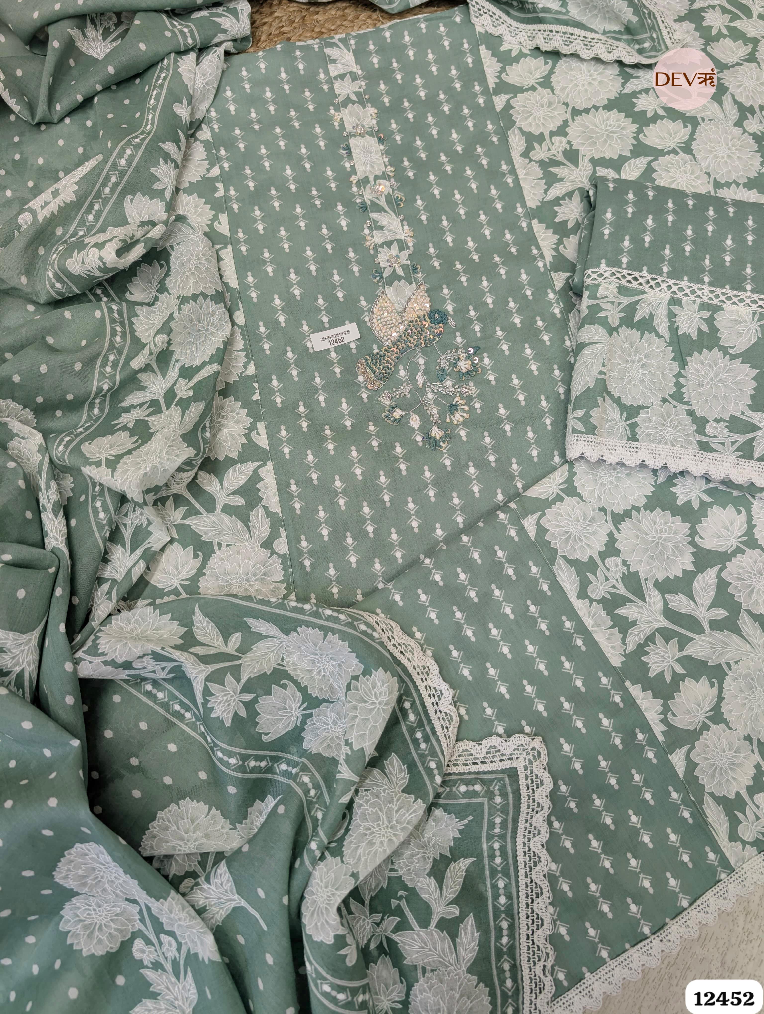 Sage Green Pure Cotton Printed & Embroidered Unstitched 3-Piece Suit (Devri – D.No 12452)