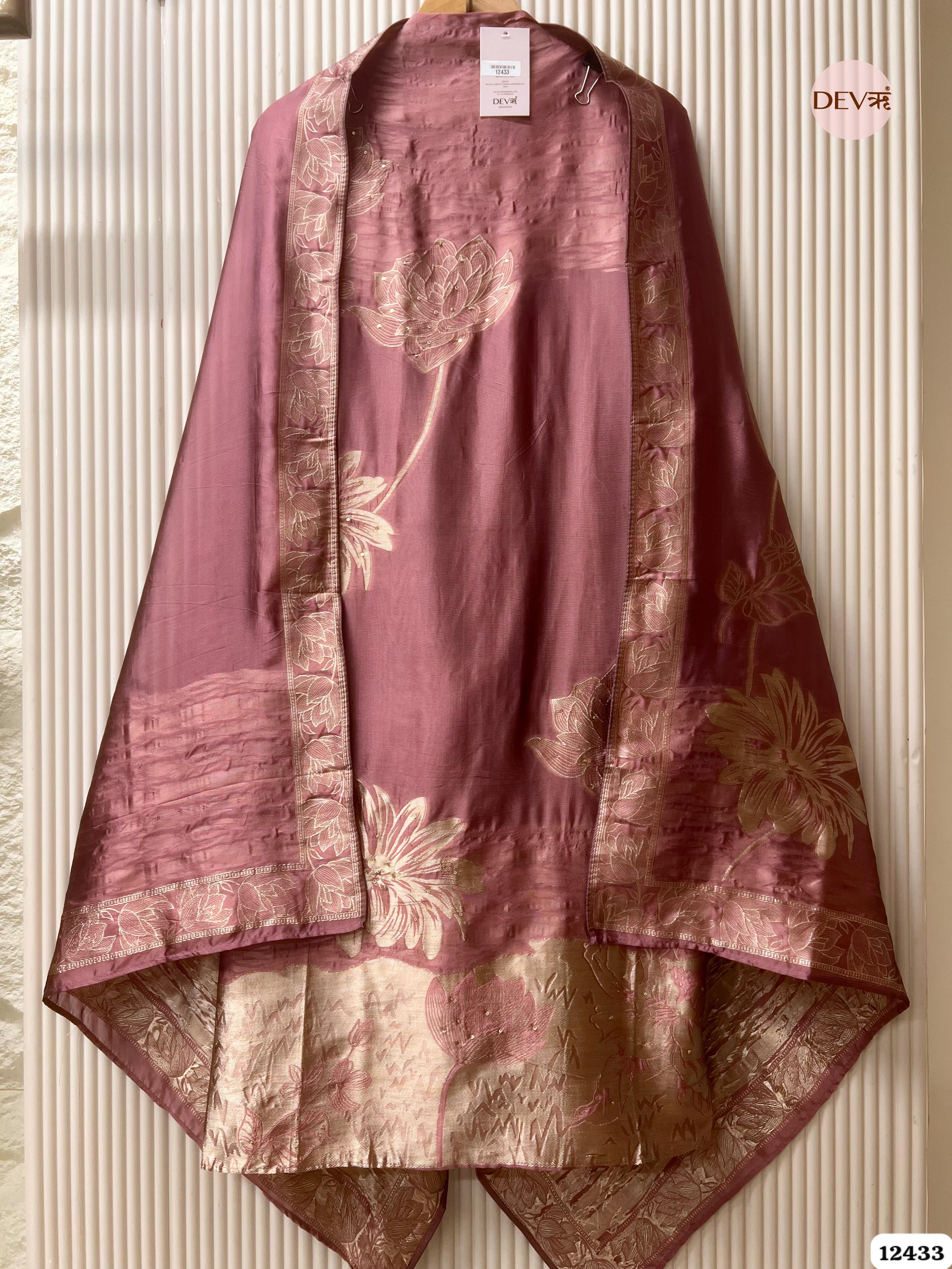 Dusty Rose Banarasi Silk Embroidered Unstitched 3-Piece Suit (Devri – D.No .12433)