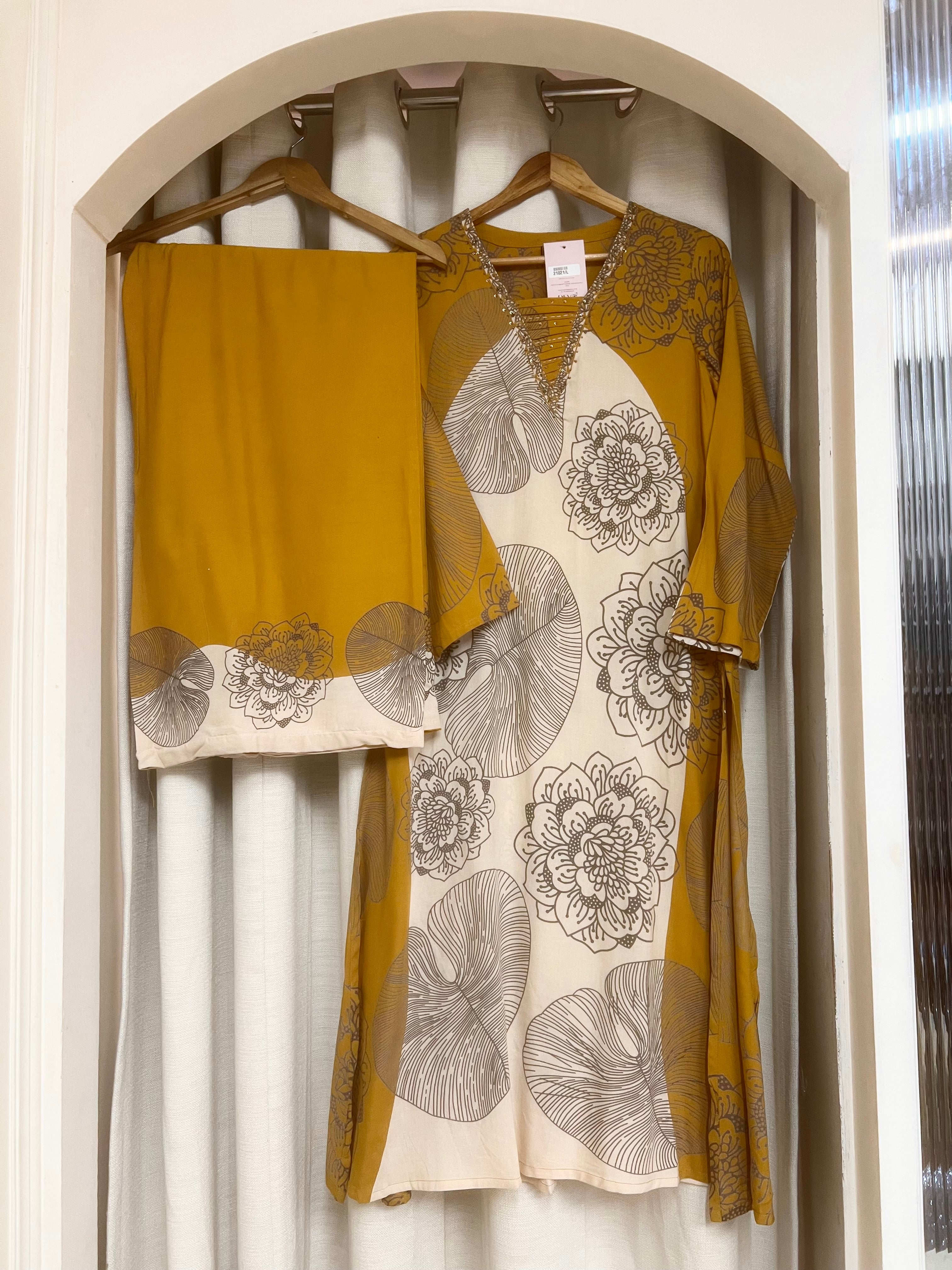 Gulnaar German reyon Printed Mustard 2-Piece Set (Devri – D.No 21021)