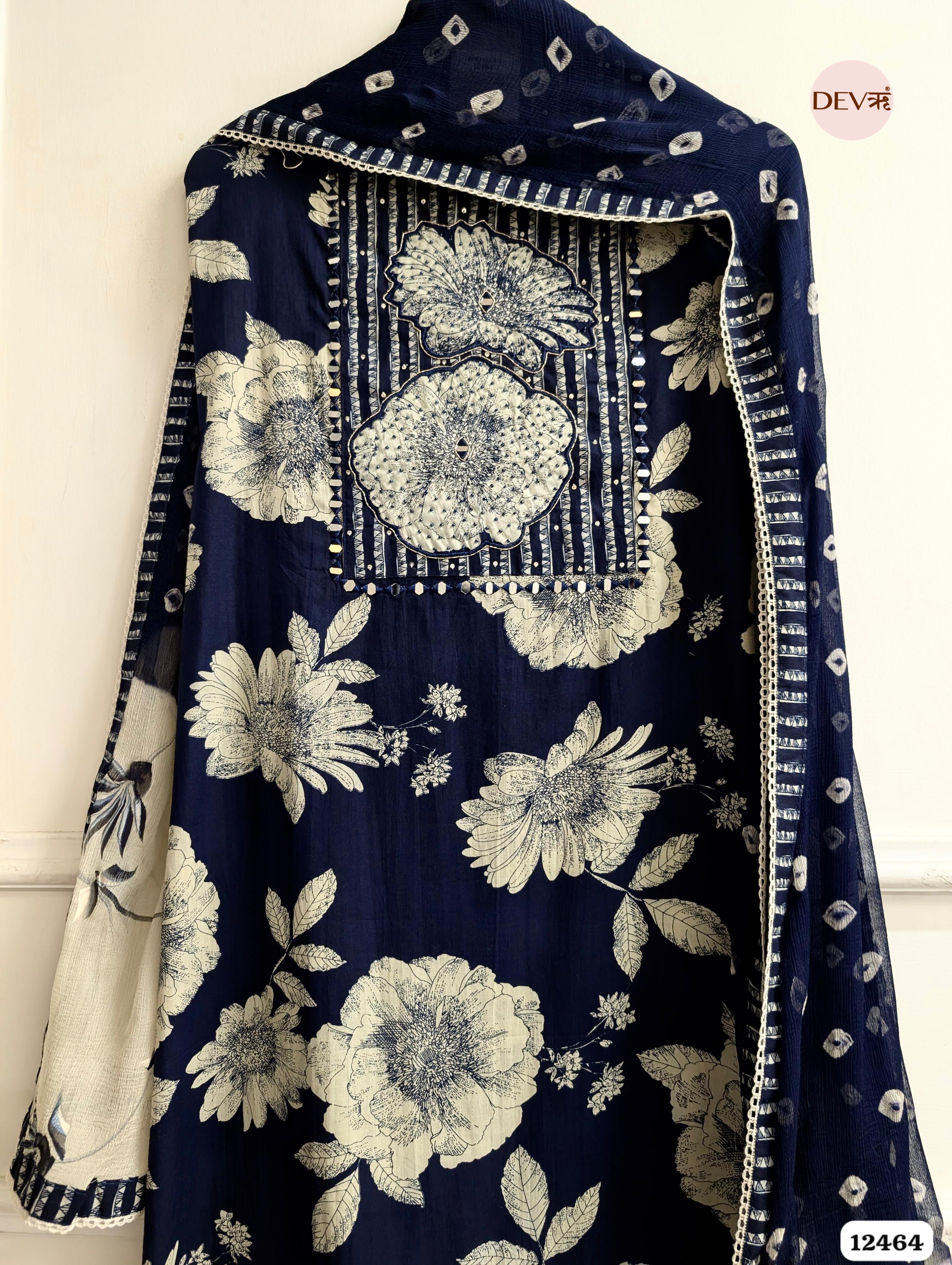 Navy Blue Cotton Printed Unstitched 3-Piece Suit (Devri – D.No. 12464)