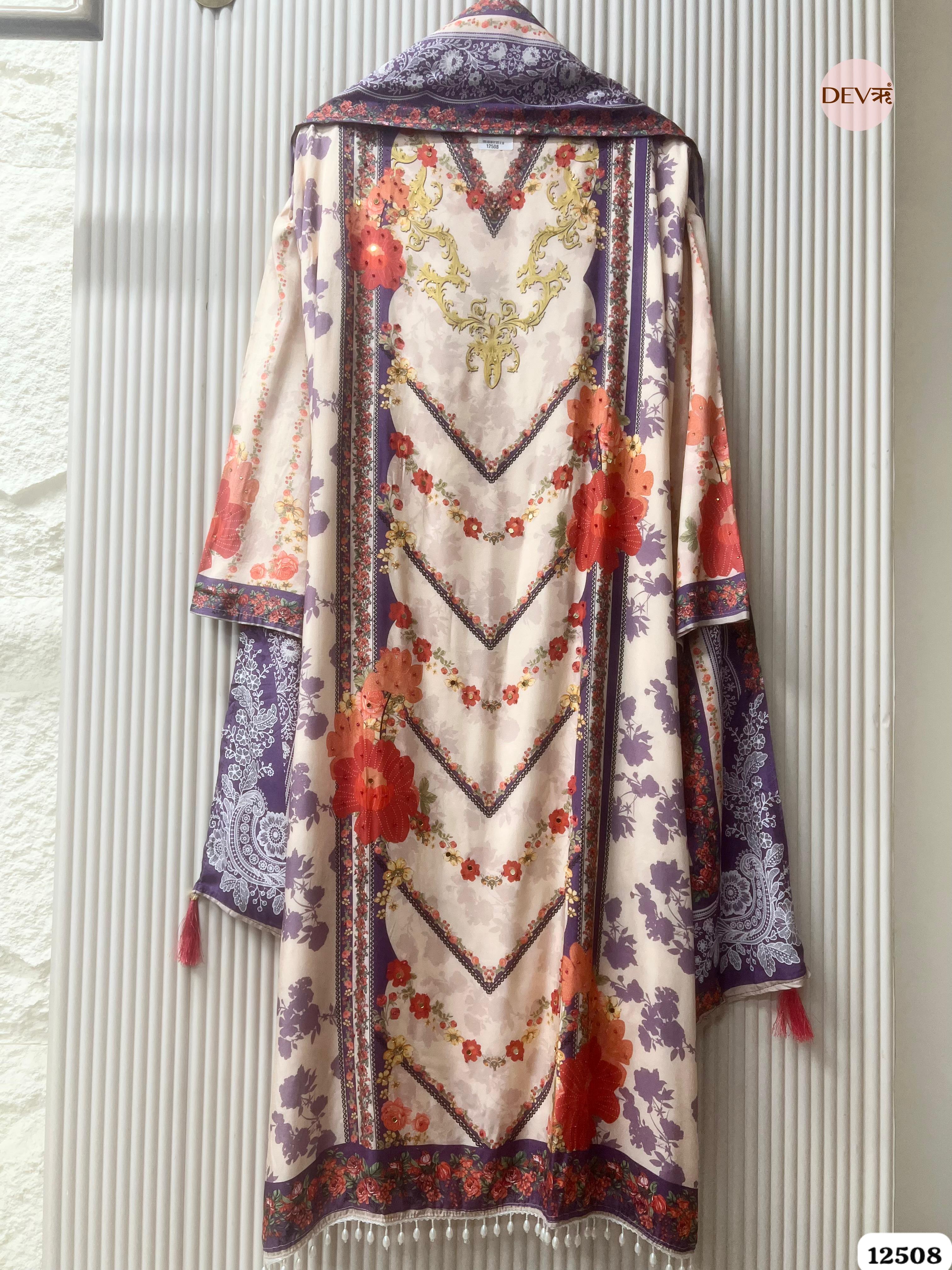 Purple & Cream Muslin Printed Unstitched 3-Piece Suit (Devri – D.No 12508)