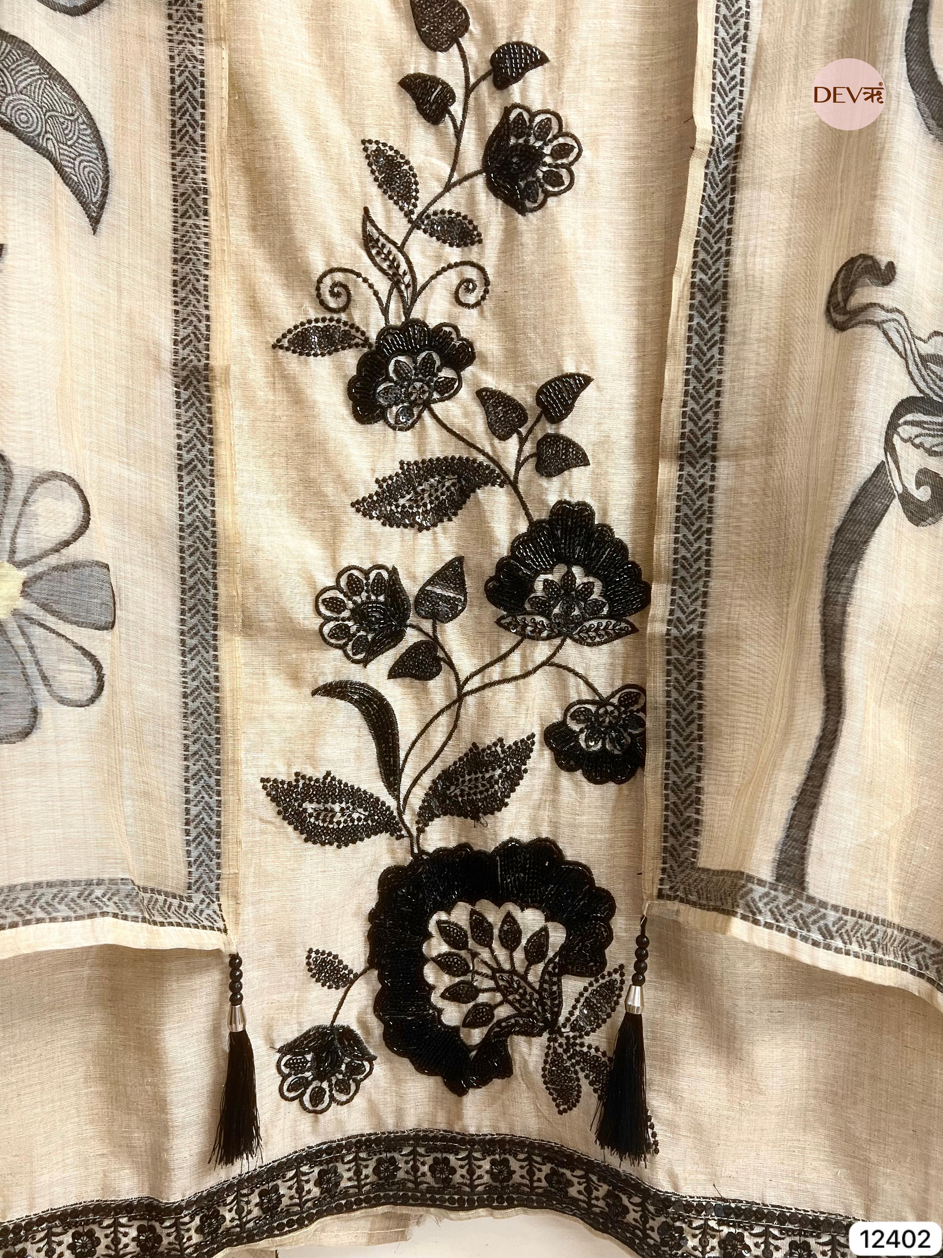 Beige Mul Chanderi Embroidered Unstitched 3-Piece Suit (Devri – D.No 12402)