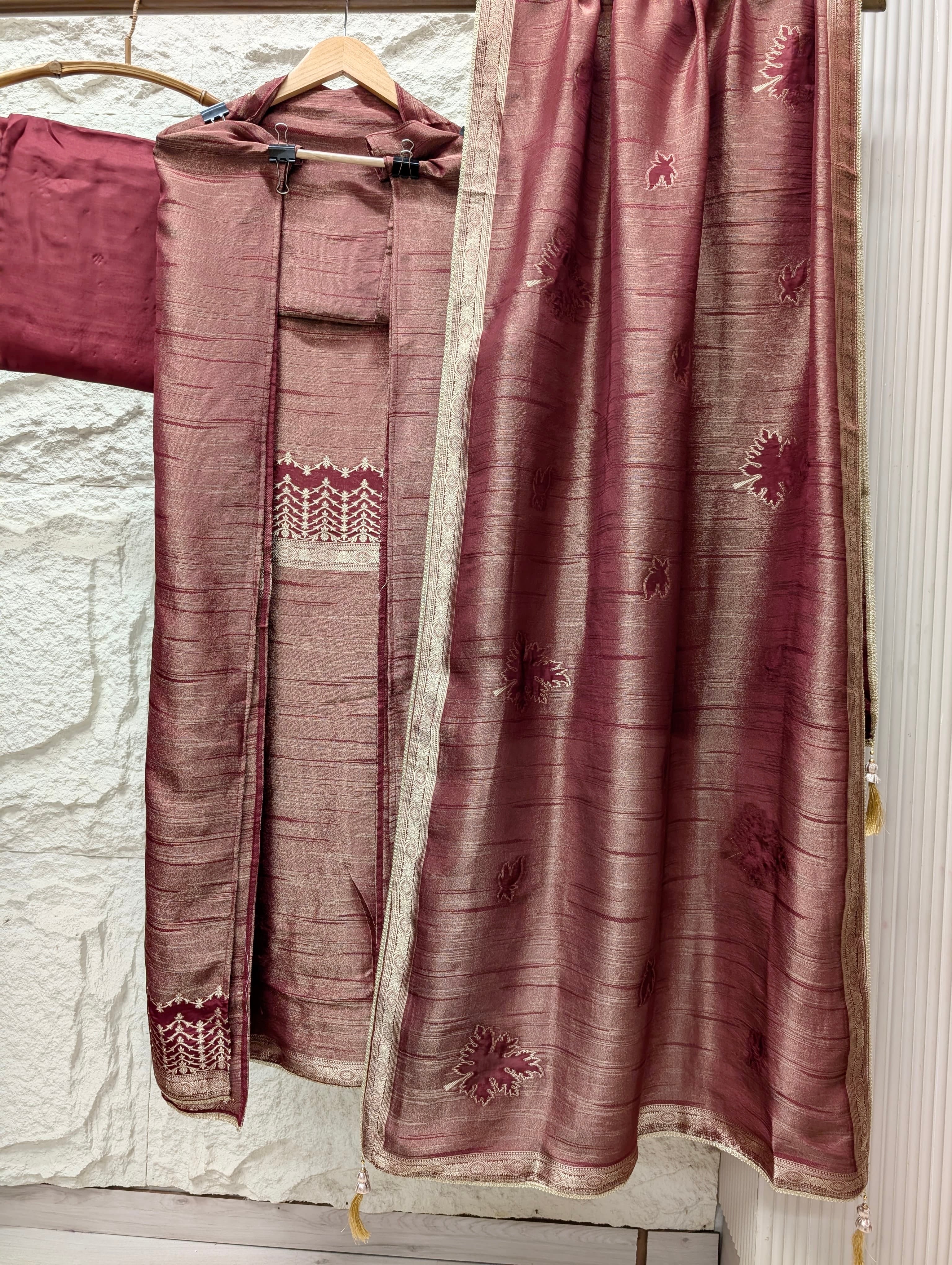 Wine Pure Girafe Banarasi Silk Embroidered Unstitched 3-Piece Suit (Devri – D.No 13638)