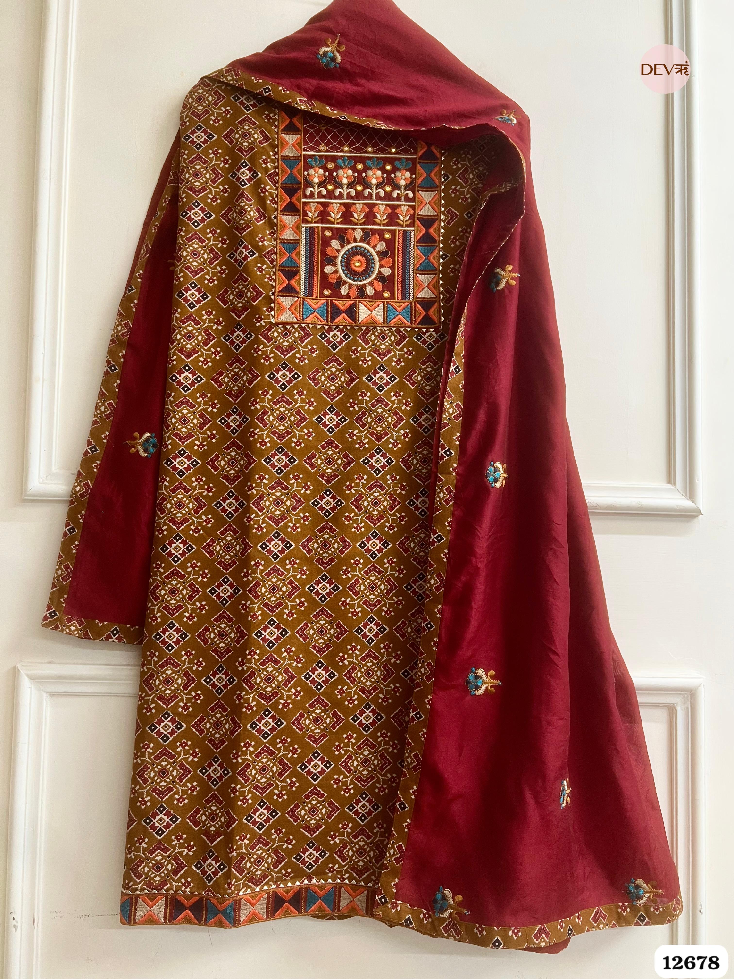 Mustard and Maroon Modal Silk Printed Unstitched 3-Piece Suit (Devri – D.No 12678)