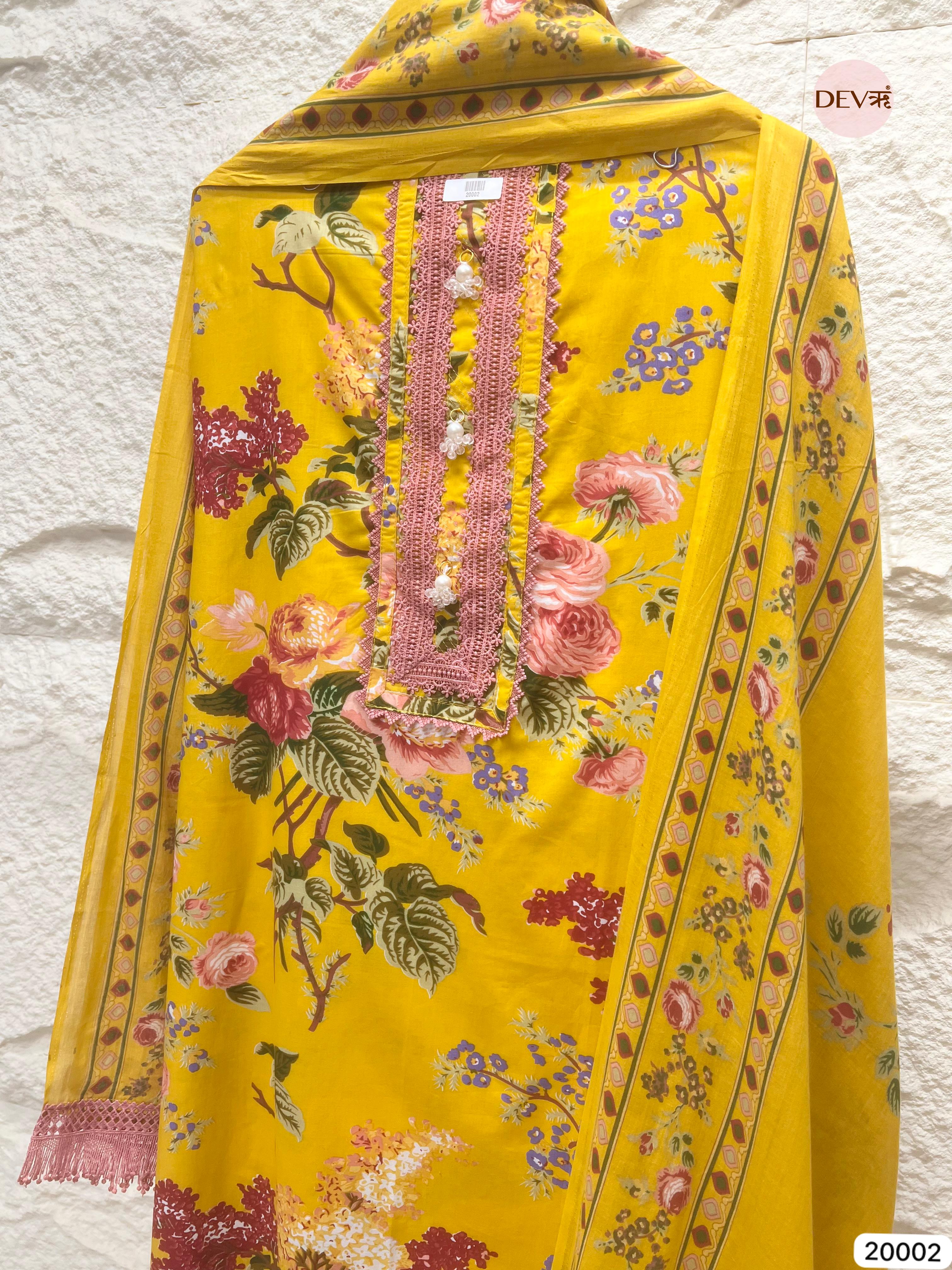 Yellow Pure Cotton Printed Unstitched 3-Piece Suit (Devri – D.No 20002)