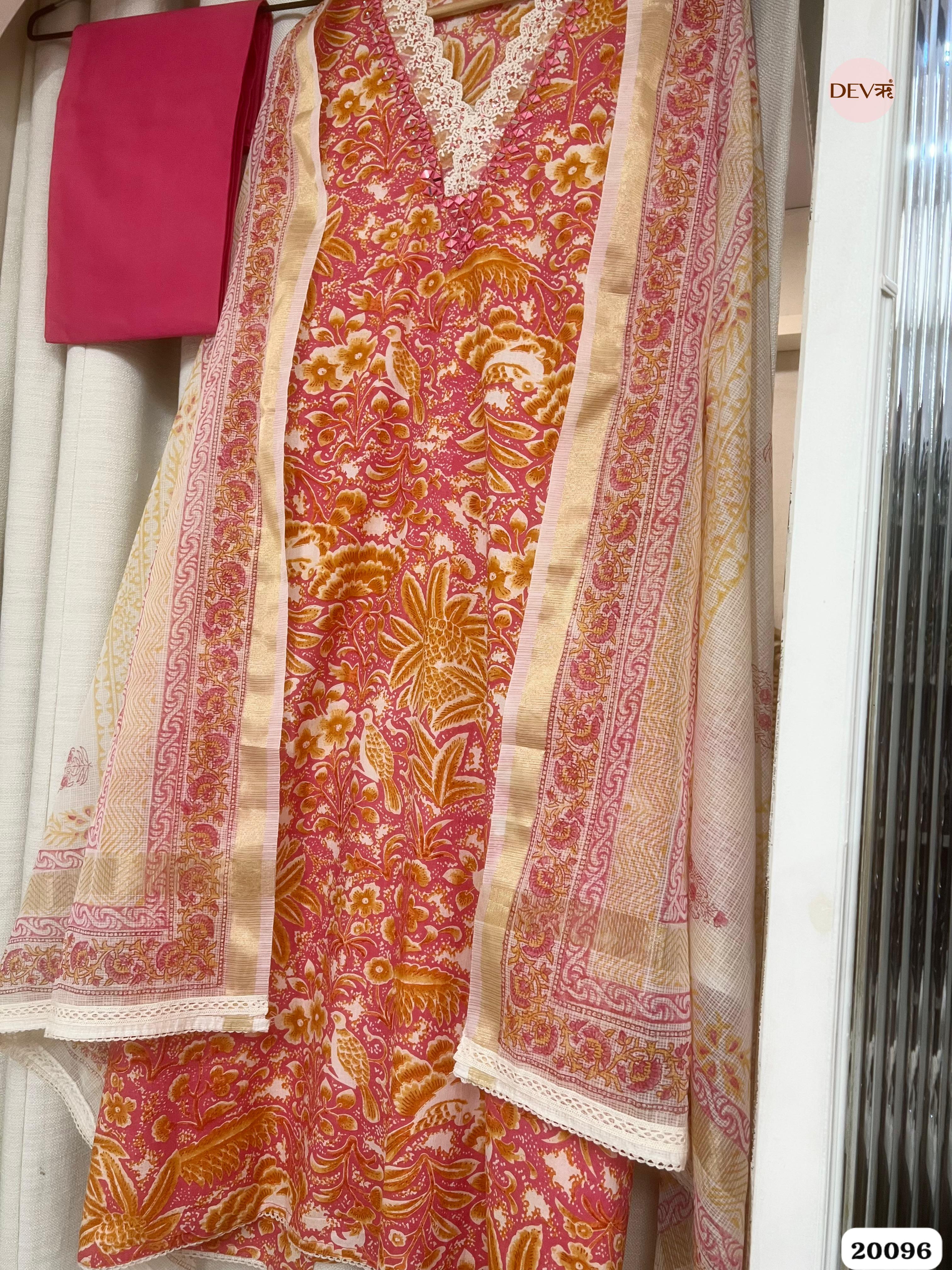 Pink Cotton Floral Printed Unstitched 3-Piece Suit (Devri – D.No 20096)