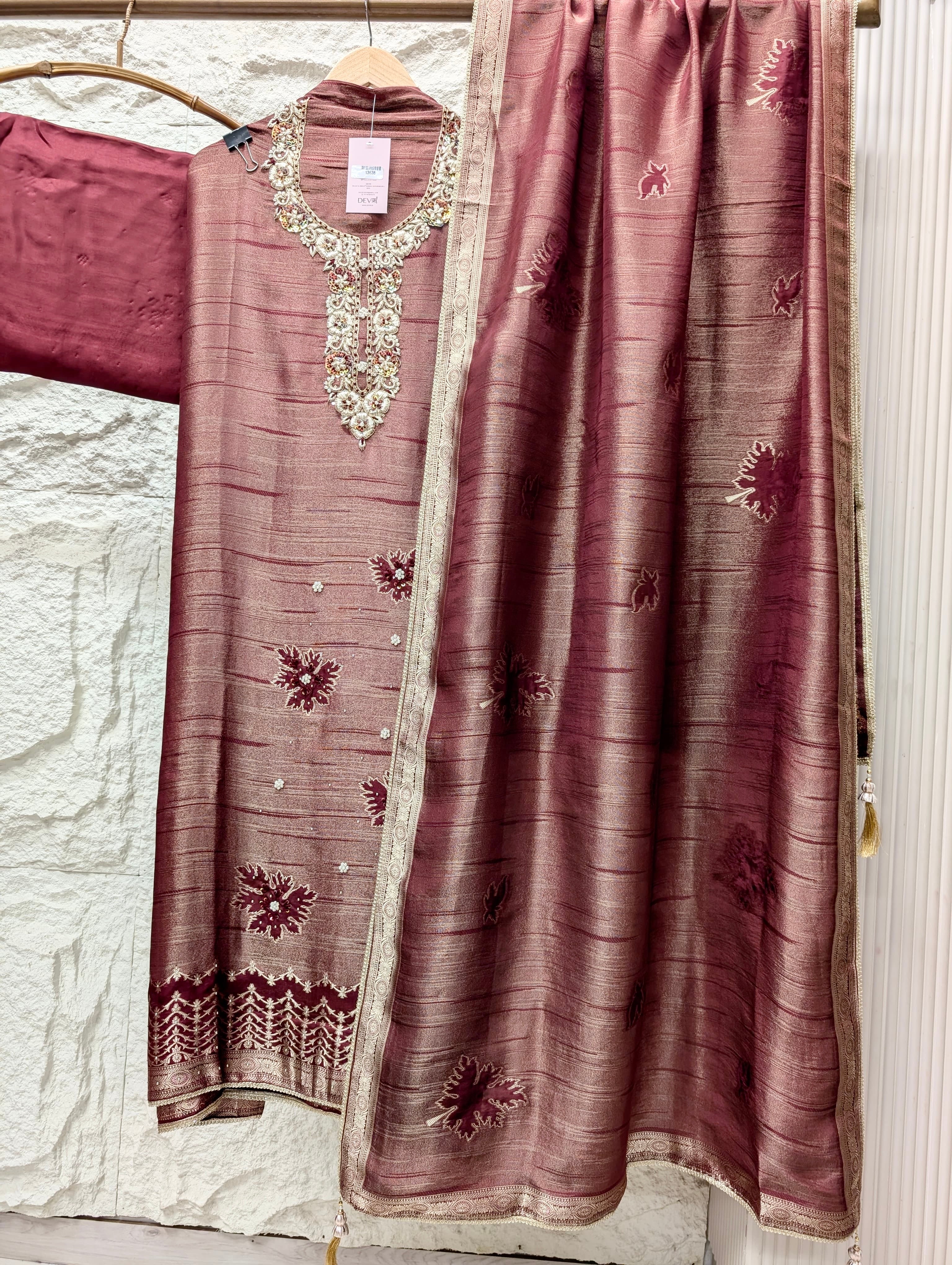 Wine Pure Girafe Banarasi Silk Embroidered Unstitched 3-Piece Suit (Devri – D.No 13638)