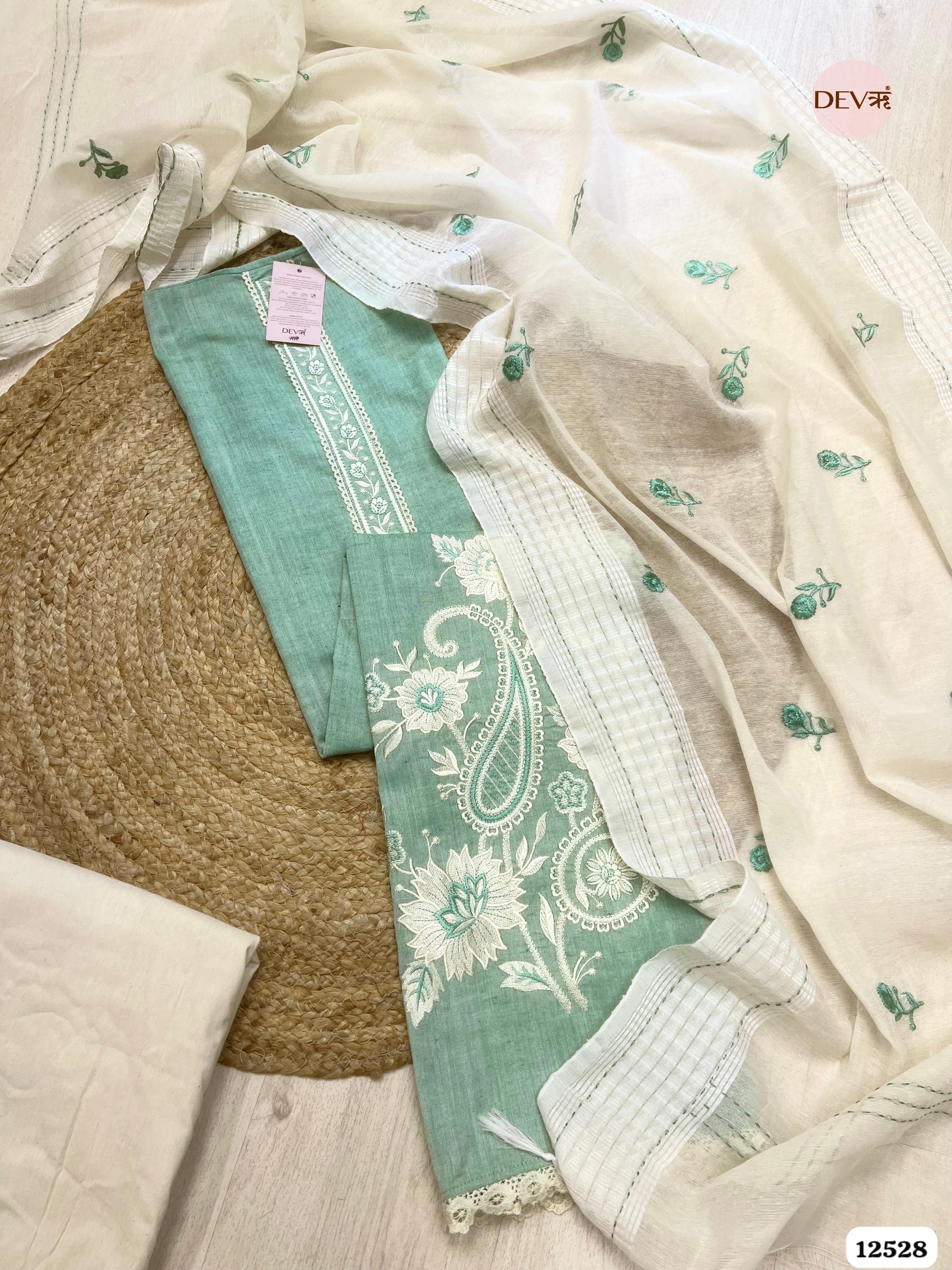 Mint Handloom Cotton Embroidered Unstitched 3-Piece Suit (Devri – D.No 12528)