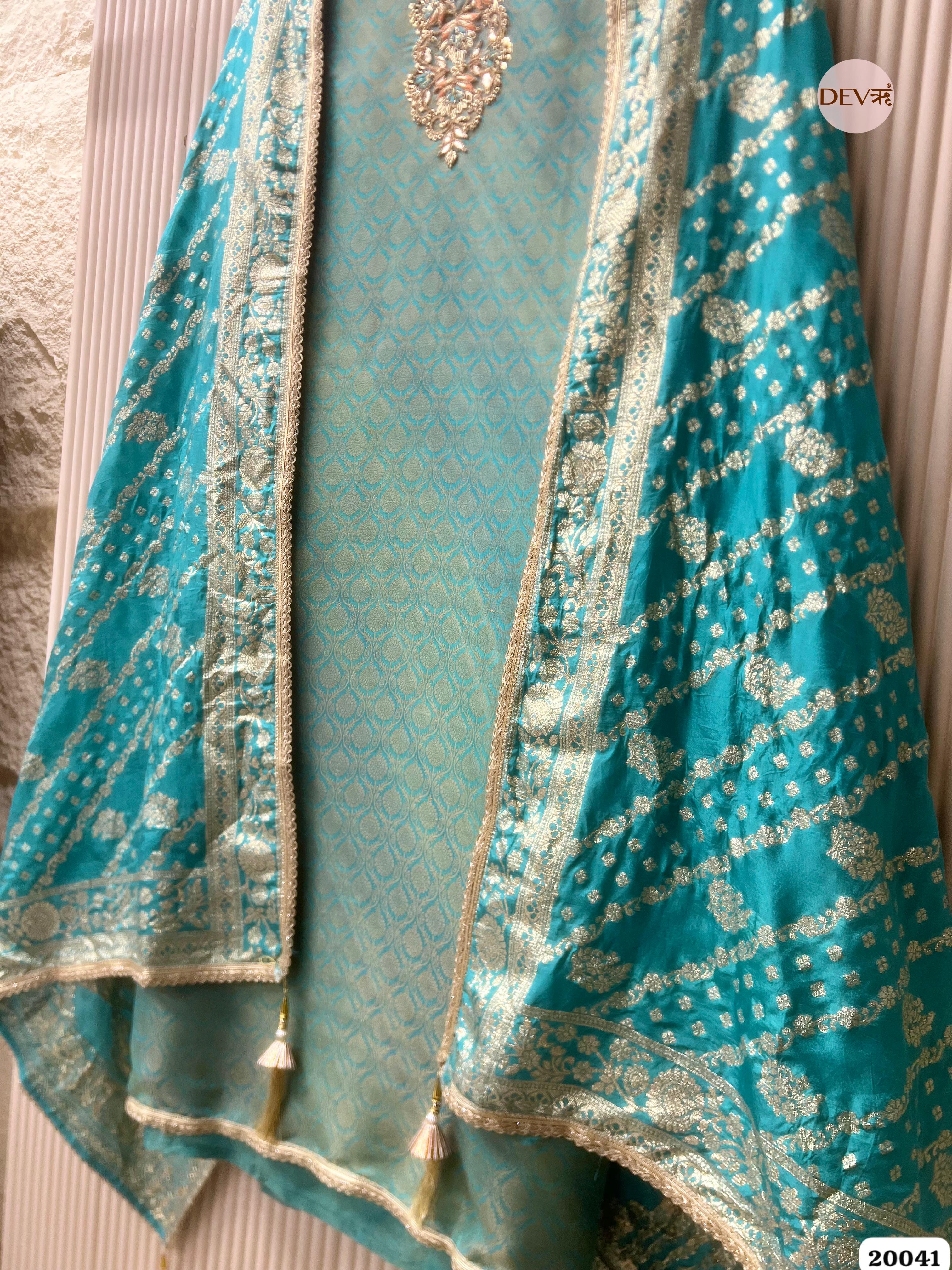Aqua Teal Banarasi Tissue Embroidered Unstitched 3-Piece Suit (Devri – D.No. 20041 )