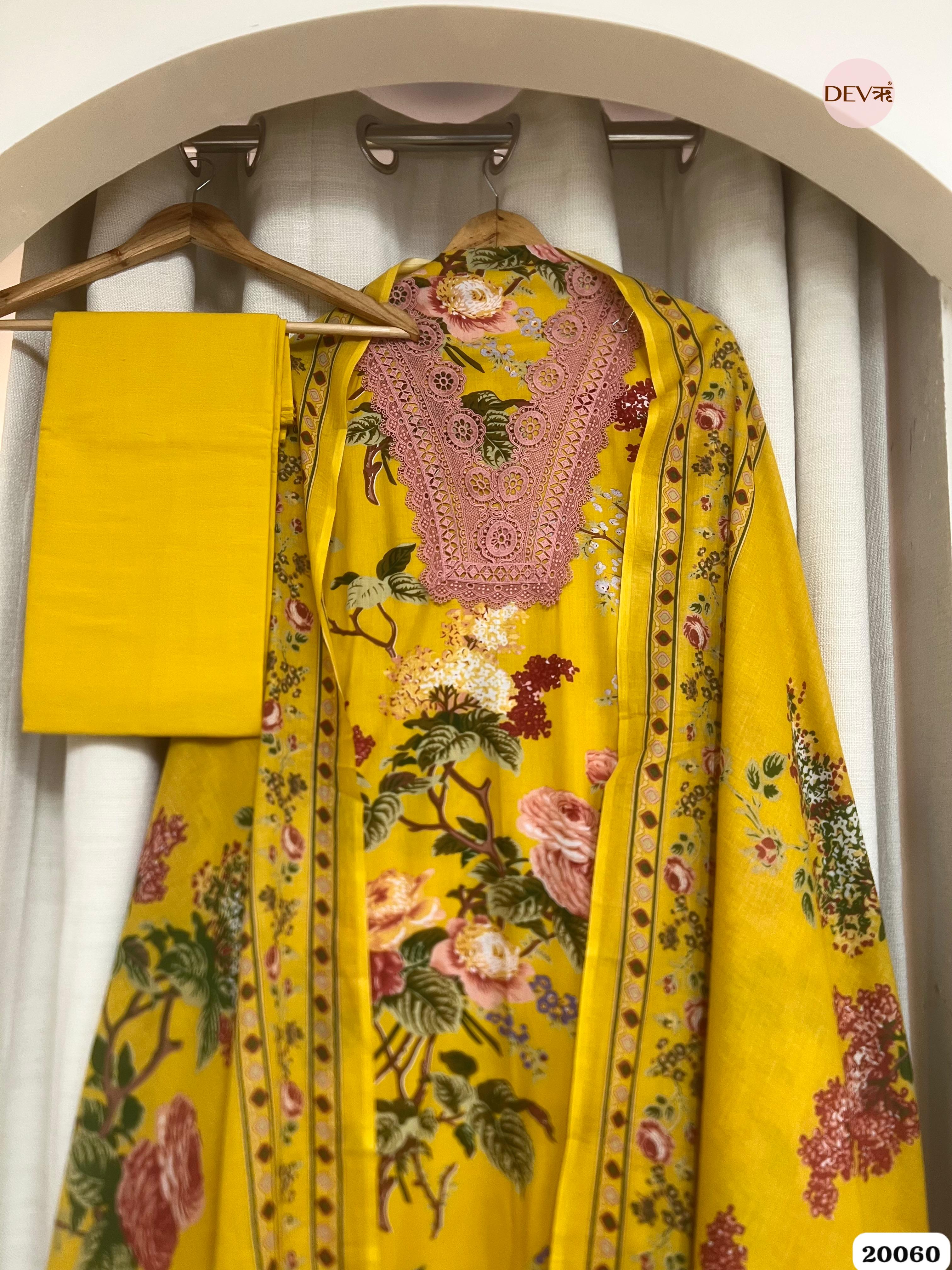Mustard Yellow Cotton Printed Unstitched 3-Piece Suit (Devri – D.No. 20060)