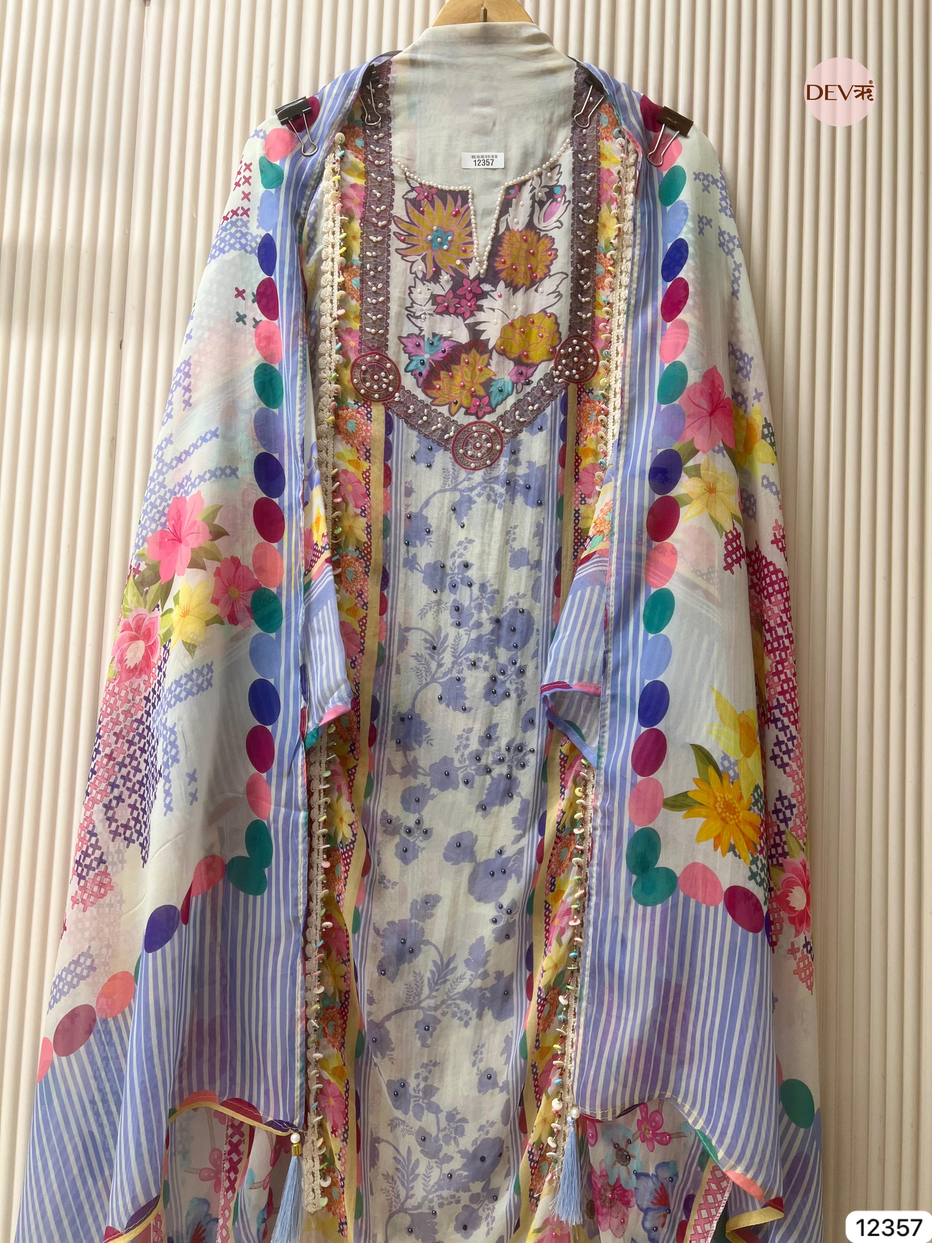 Pastel Blue Organza Embroidered Unstitched 3-Piece Suit (Devri – D.No 12357)