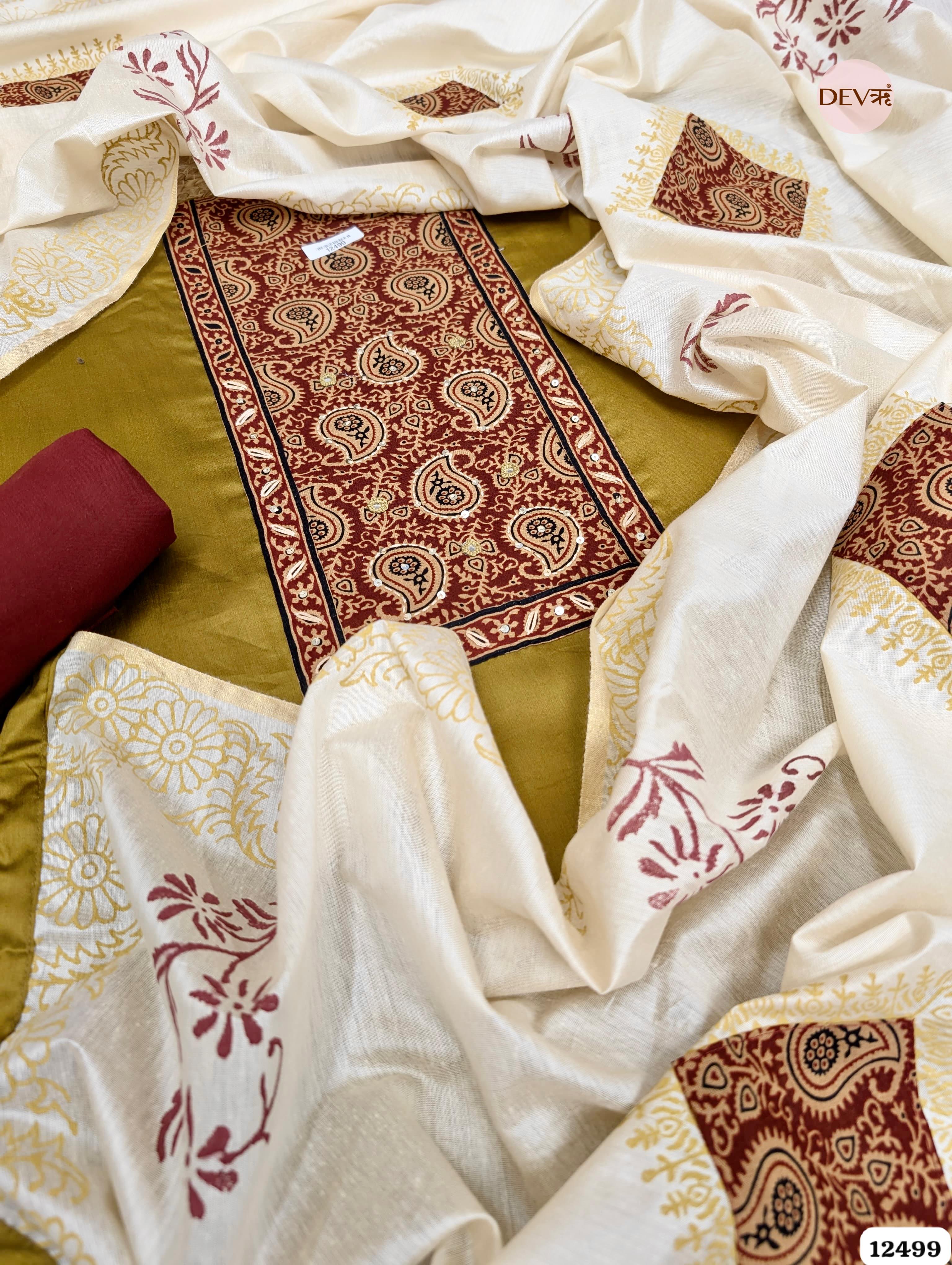 Mustard Yellow Cotton Printed Unstitched 3-Piece Suit (Devri – D.No 12499)