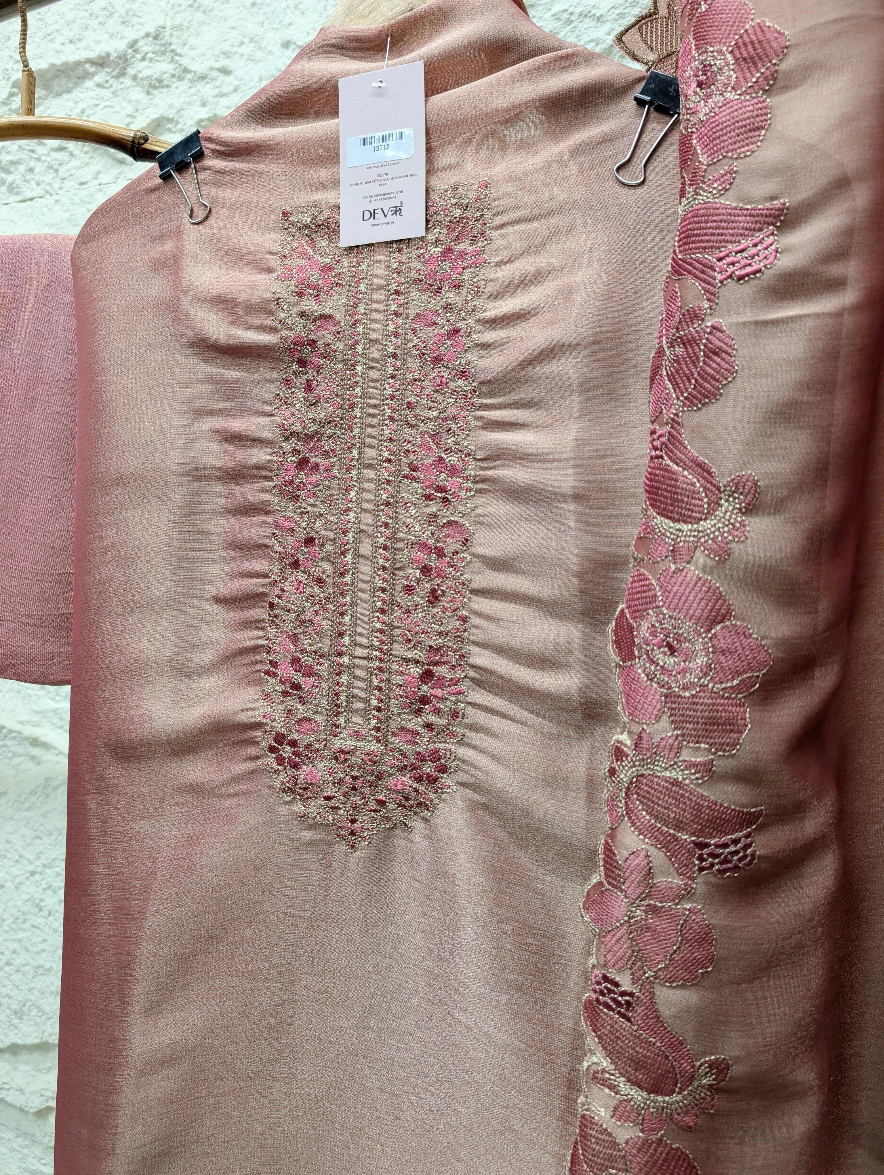 Pink Silk Blend Embroidered Unstitched 3-Piece Suit (Devri – D.No 13712)