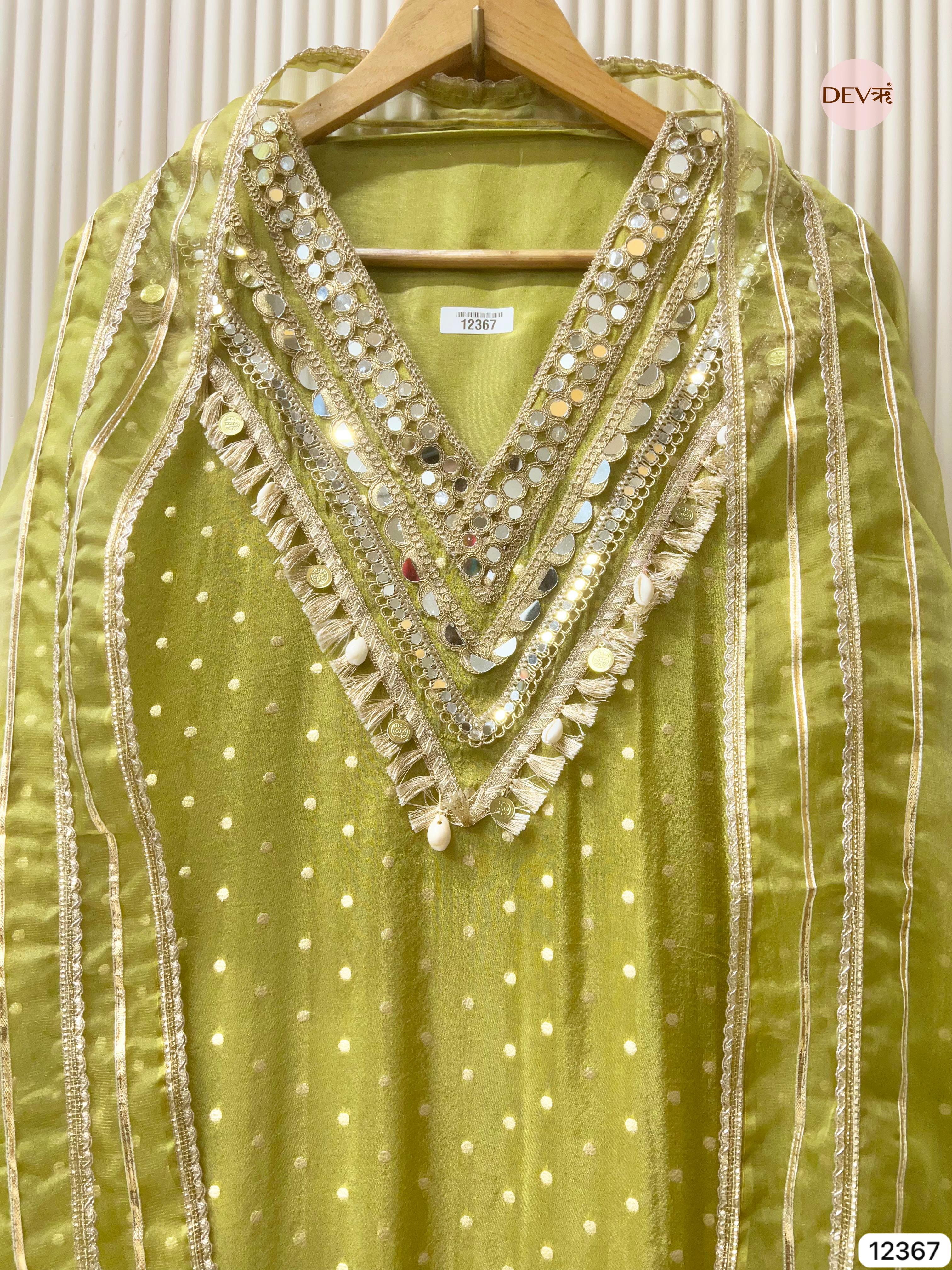 Olive Green Tissue Shimmer Embellished Unstitched 3-Piece Suit (Devri – D.No 12367)
