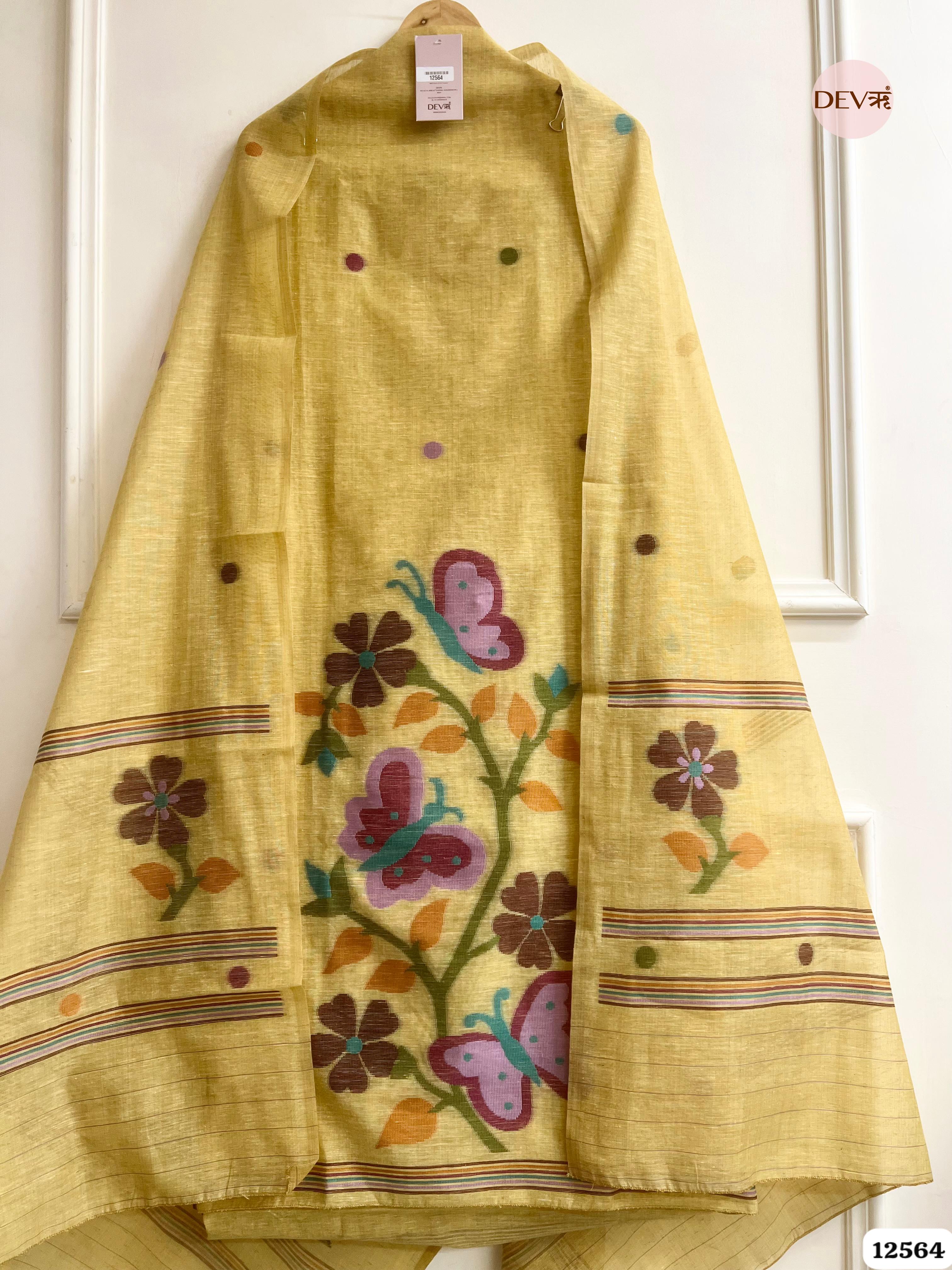 Yellow Linen Printed Unstitched 3-Piece Suit (Devri – D.No 12564)