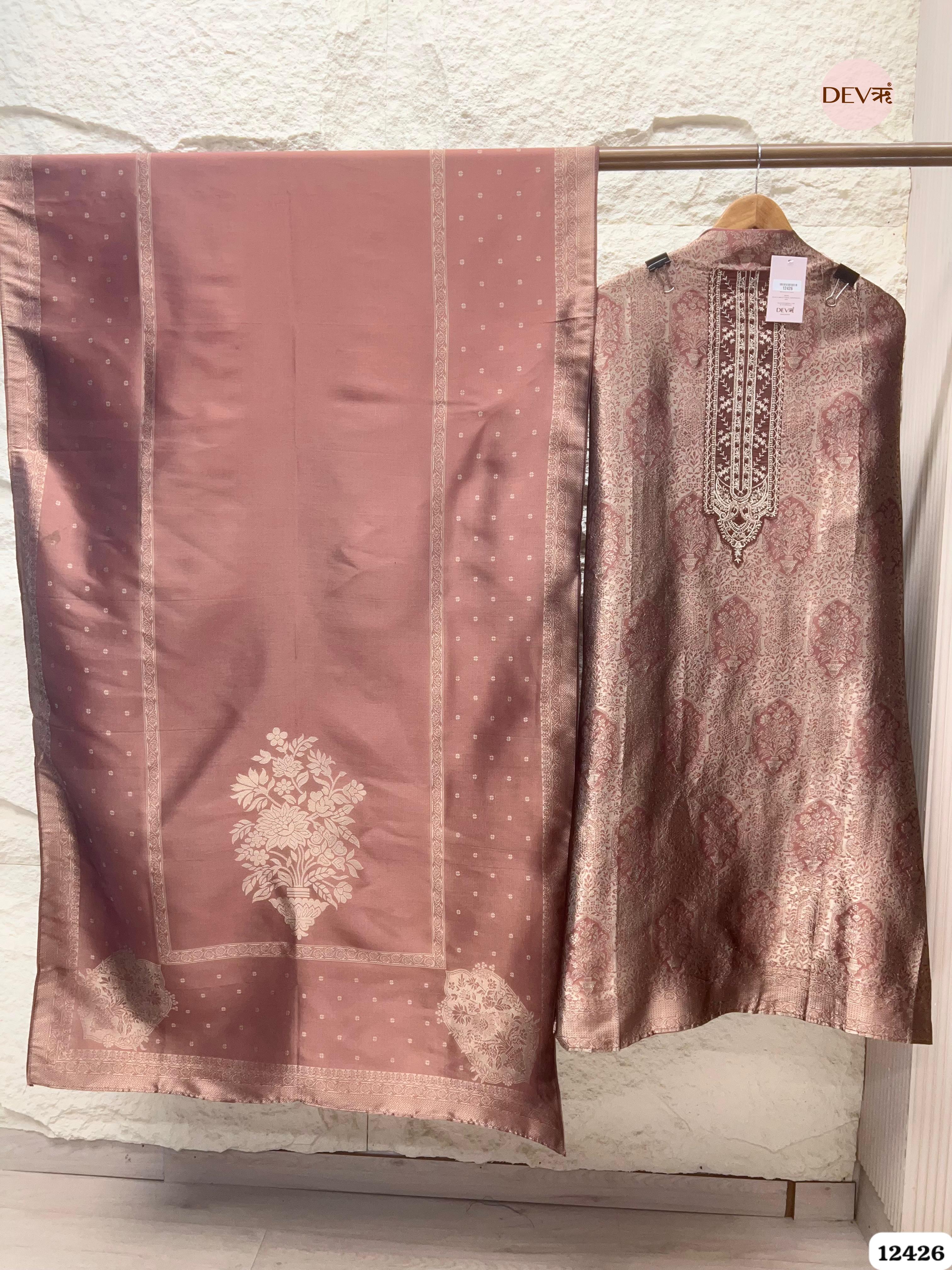Dusty Rose Banarasi Silk Printed Unstitched 3-Piece Suit (Devri – D.No. 12426)