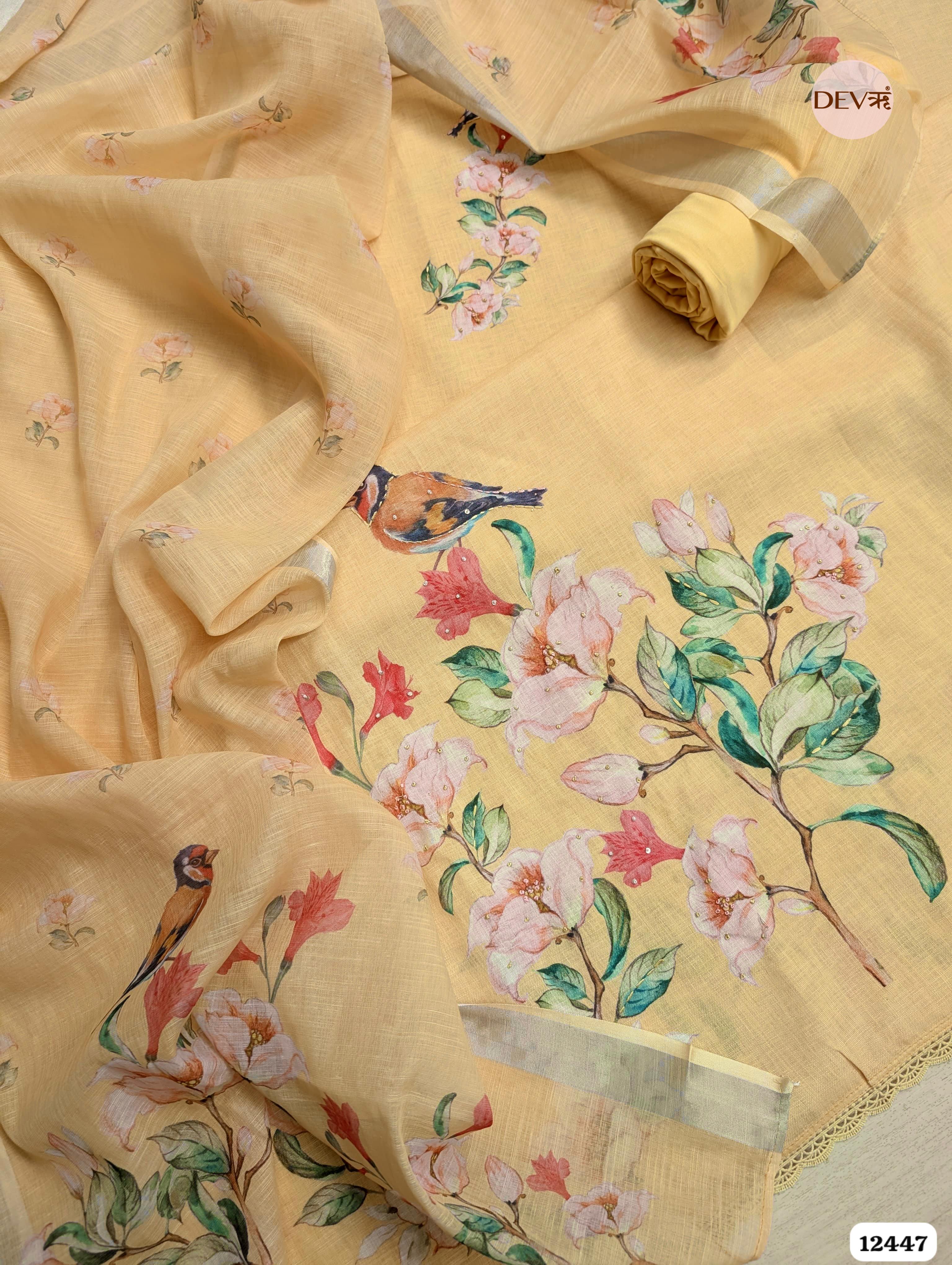 Yellow Linen Cotton Printed Unstitched 3-Piece Suit (Devri – D.No 12447)
