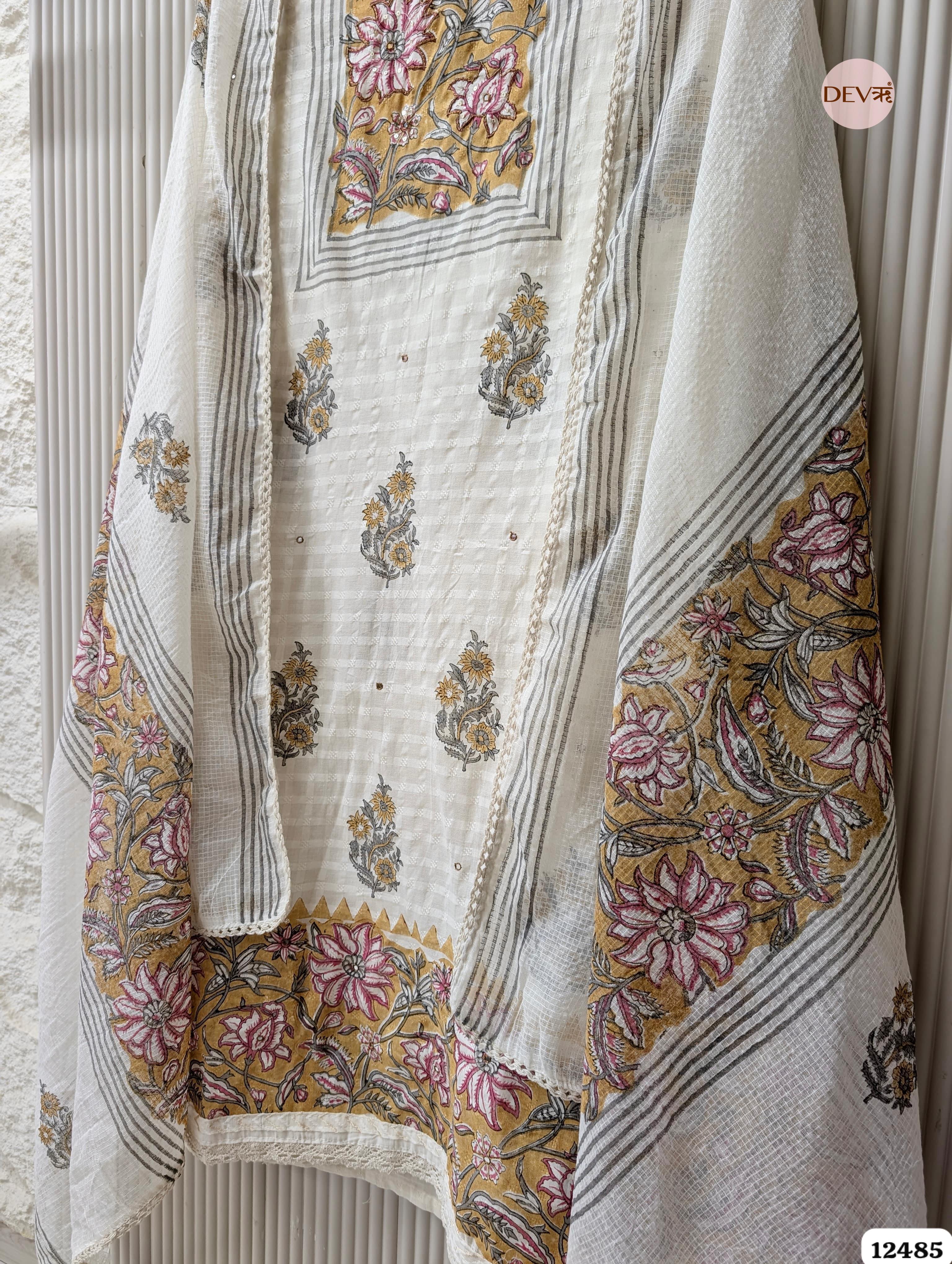 white & Yellow Pure Cotton Printed Unstitched 3-Piece Suit (Devri – D.No 12485)