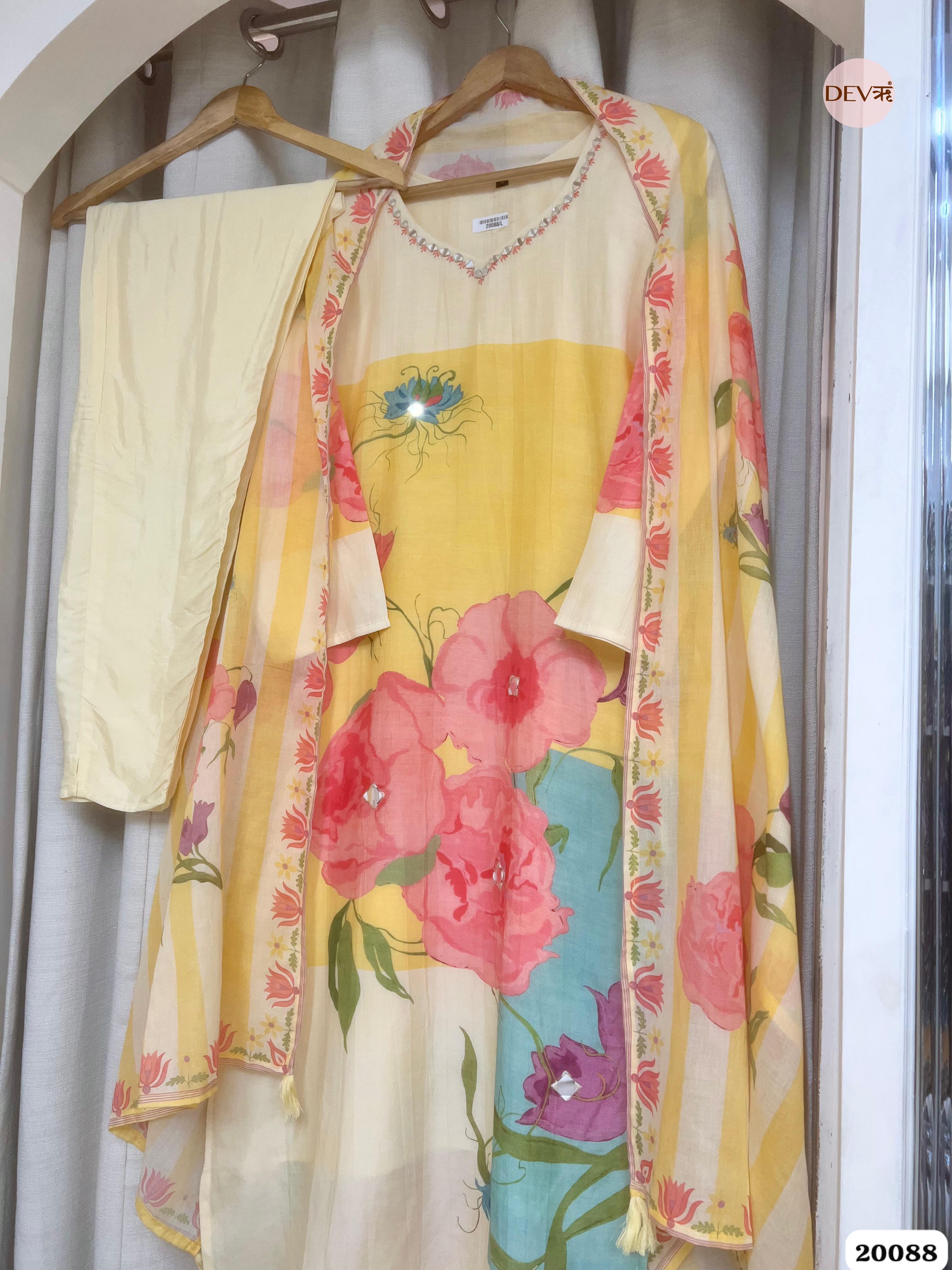 Saanvi Pure Cotton Printed Yellow & Teal 3-Piece Set (Devri – D.No 20088)