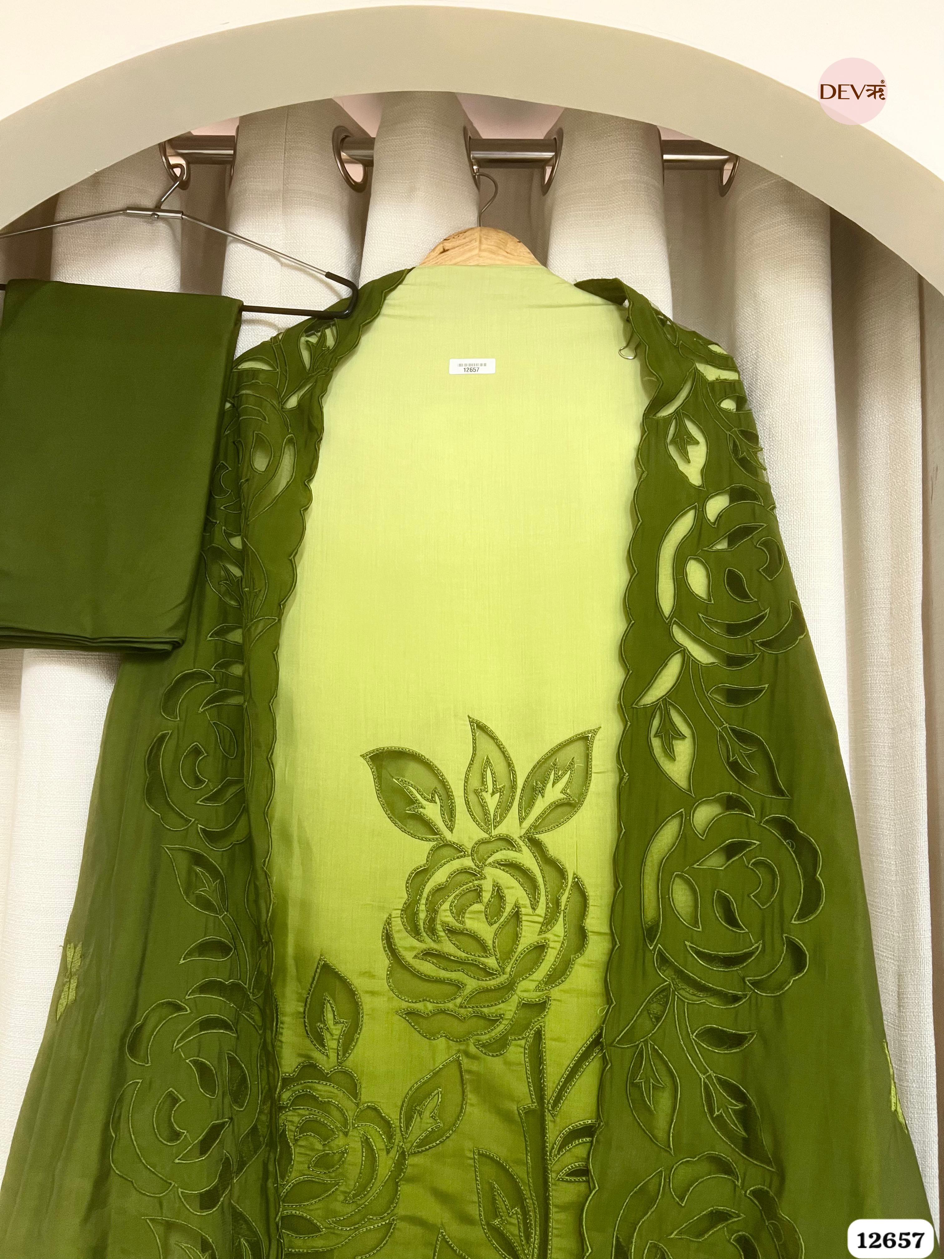 Ombre Green Mul Chanderi Embroidered Unstitched 3-Piece Suit (Devri – D.No 12657)