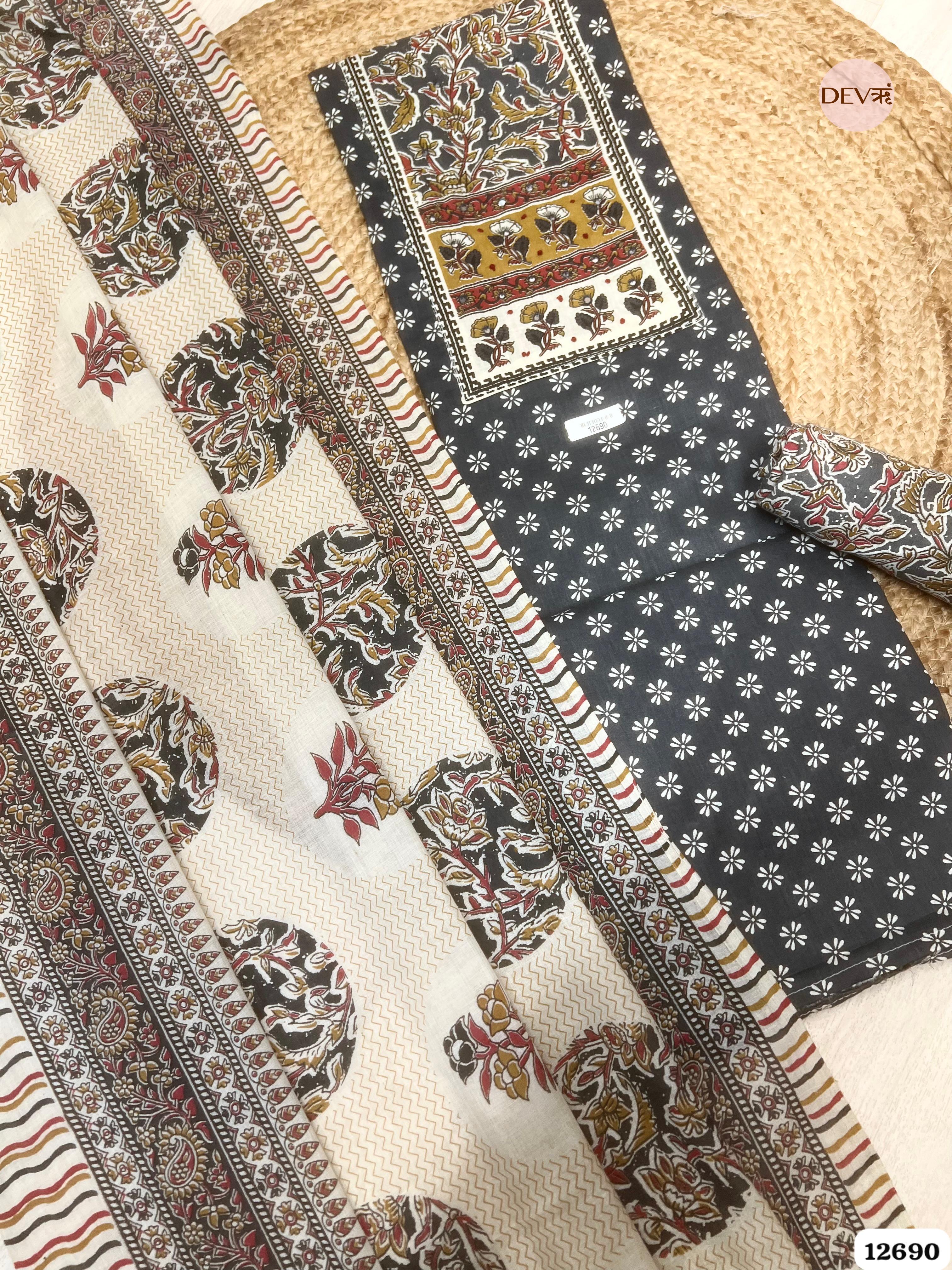 Black Cotton Printed Unstitched 3-Piece Suit (Devri – D.No 12690)