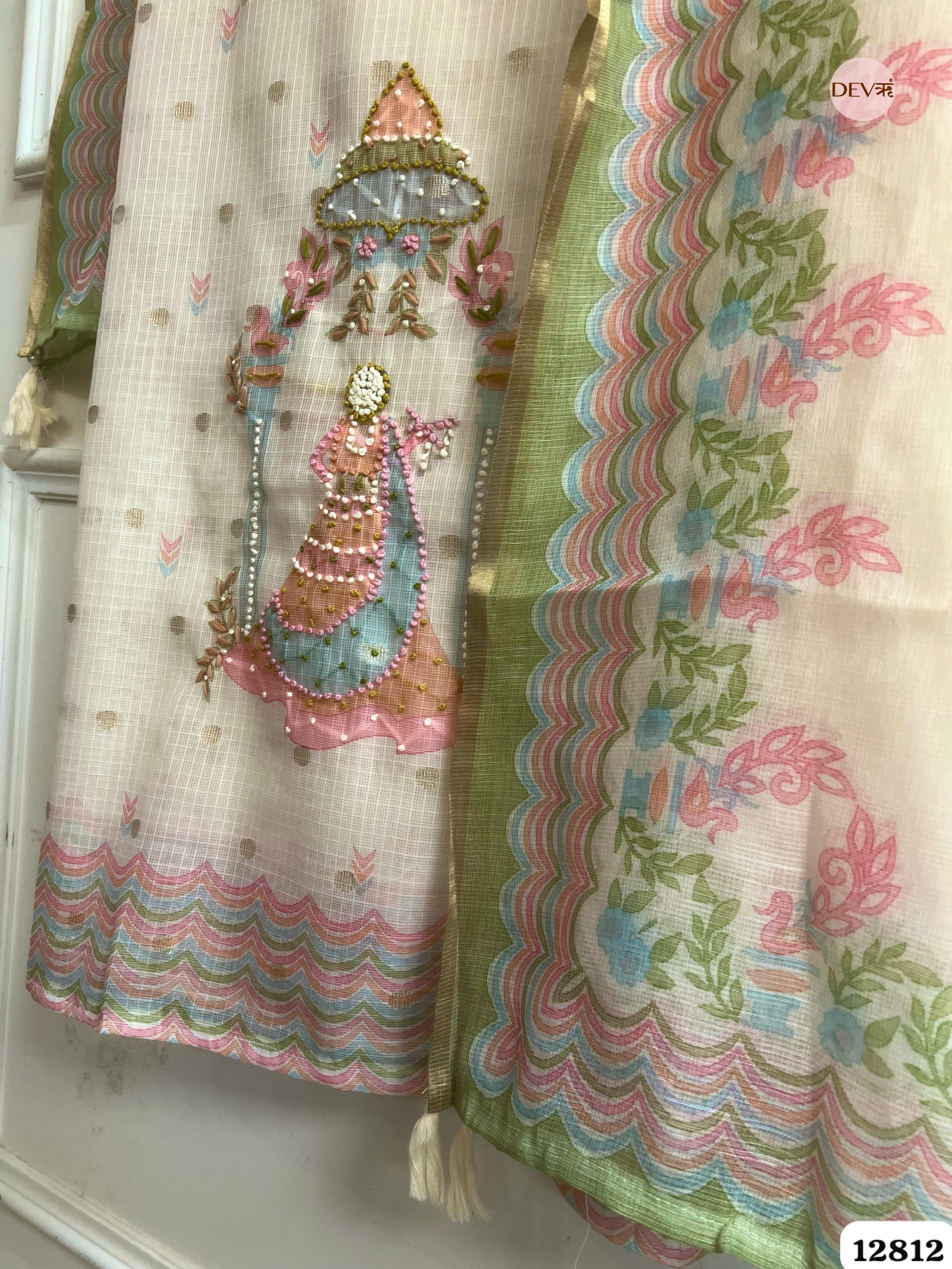 Cream Kota Printed Unstitched 3-Piece Suit (Devri – D.No 12812)