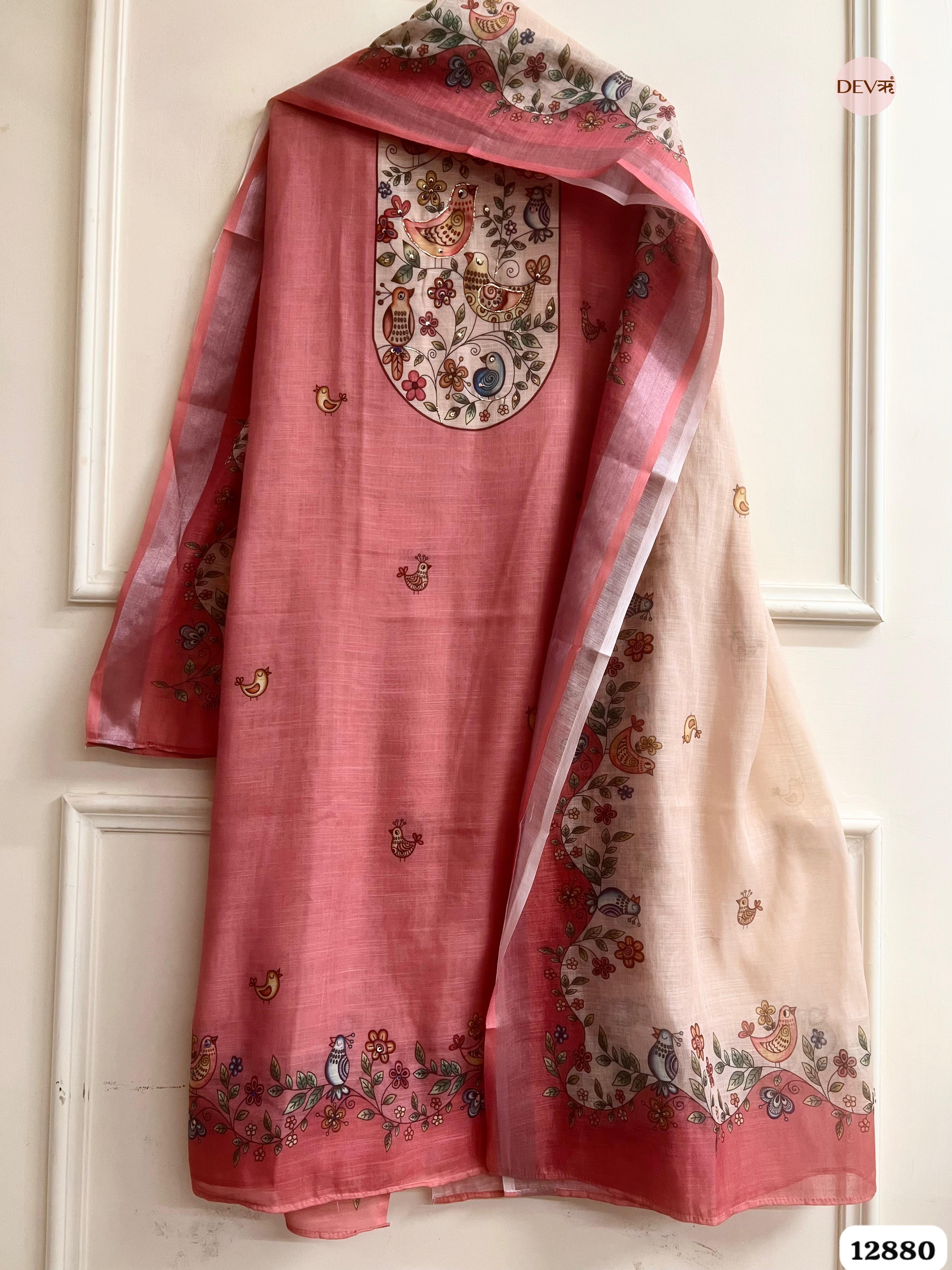 Pink Linen Cotton Printed Unstitched 3-Piece Suit (Devri – D.No 12880)