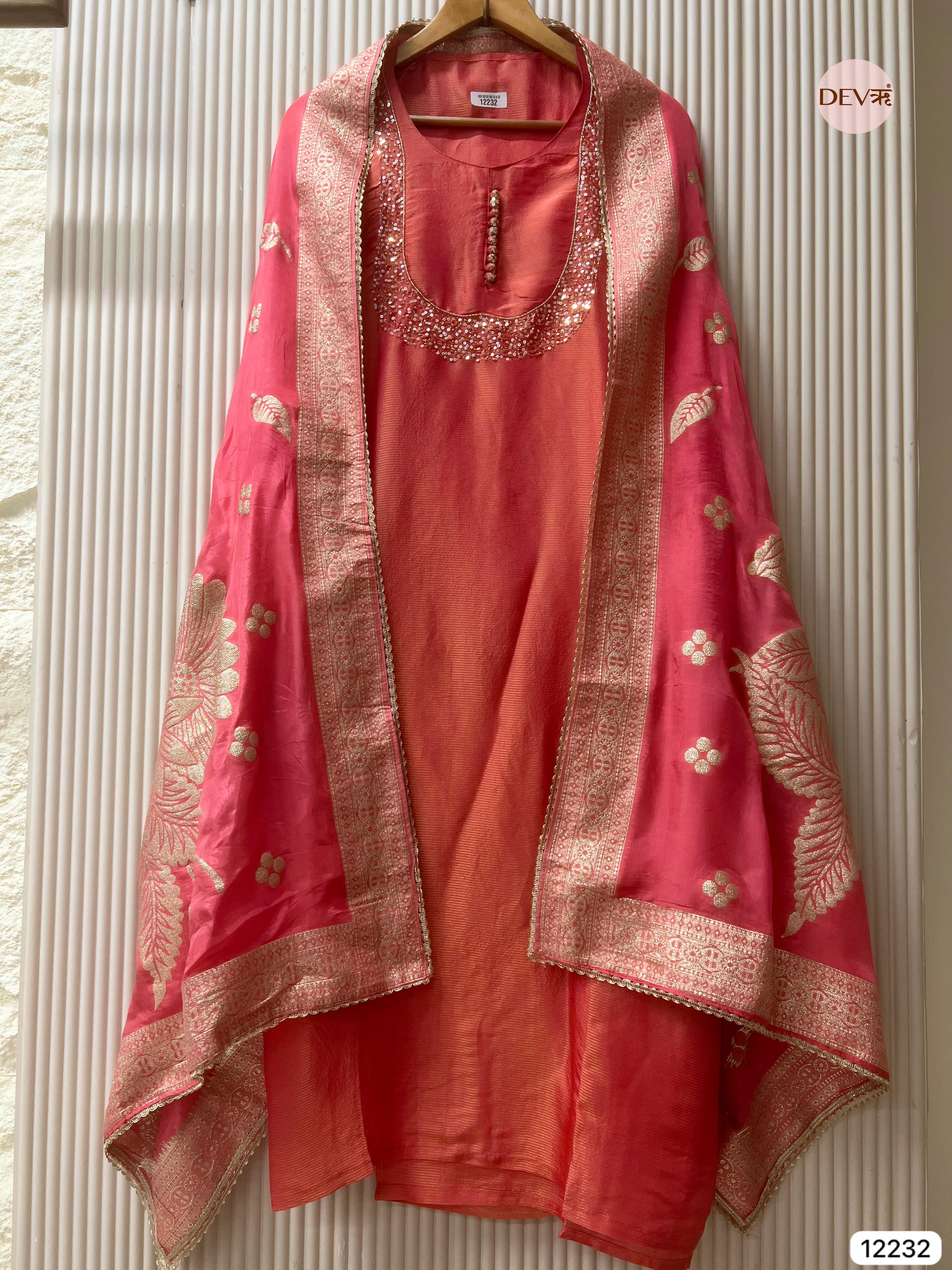 Peach–Pink Tissue Shimmer Silk Embroidered Unstitched 3-Piece Suit (Devri – D.No 12232)