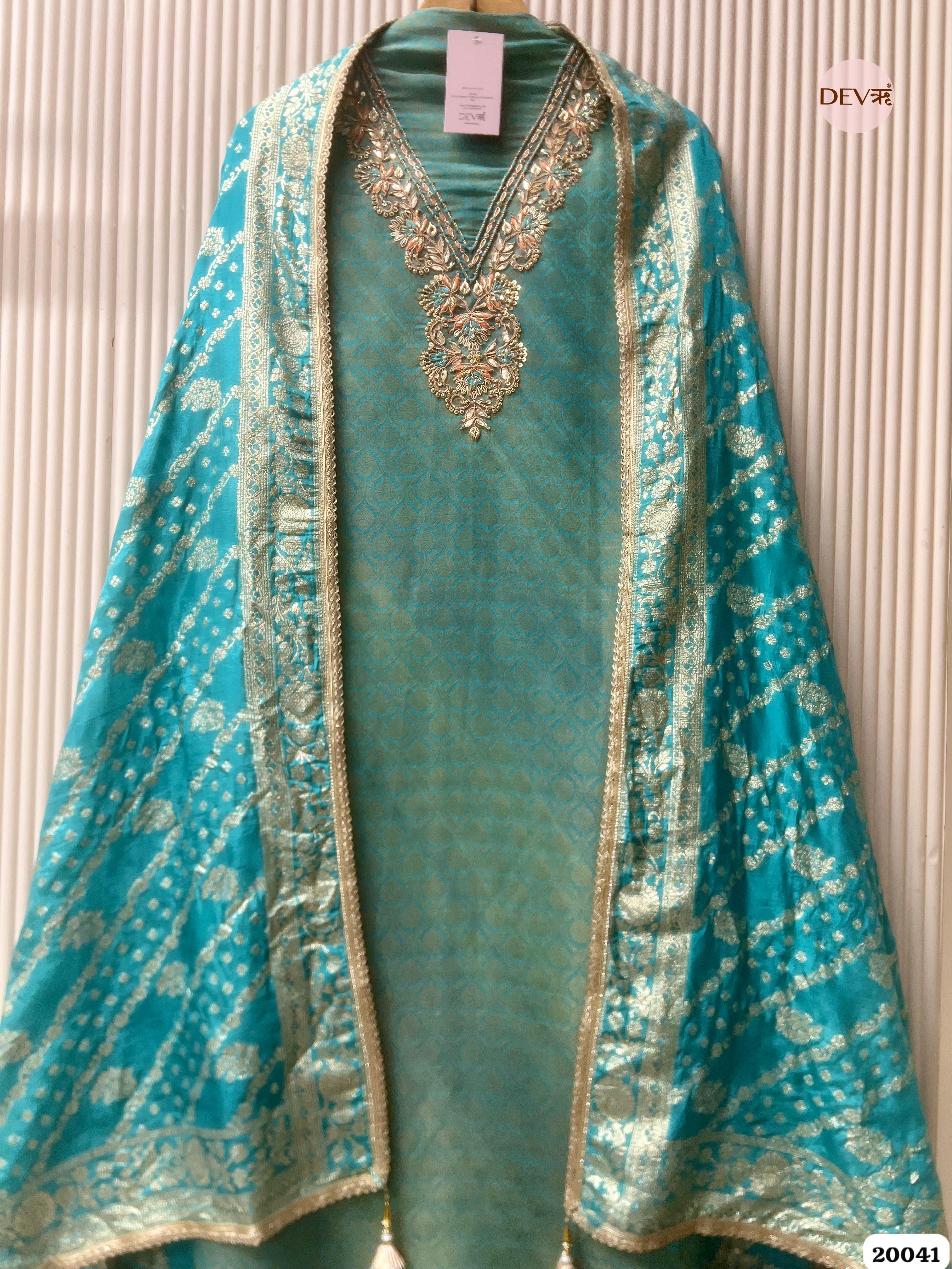 Aqua Teal Banarasi Tissue Embroidered Unstitched 3-Piece Suit (Devri – D.No. 20041 )