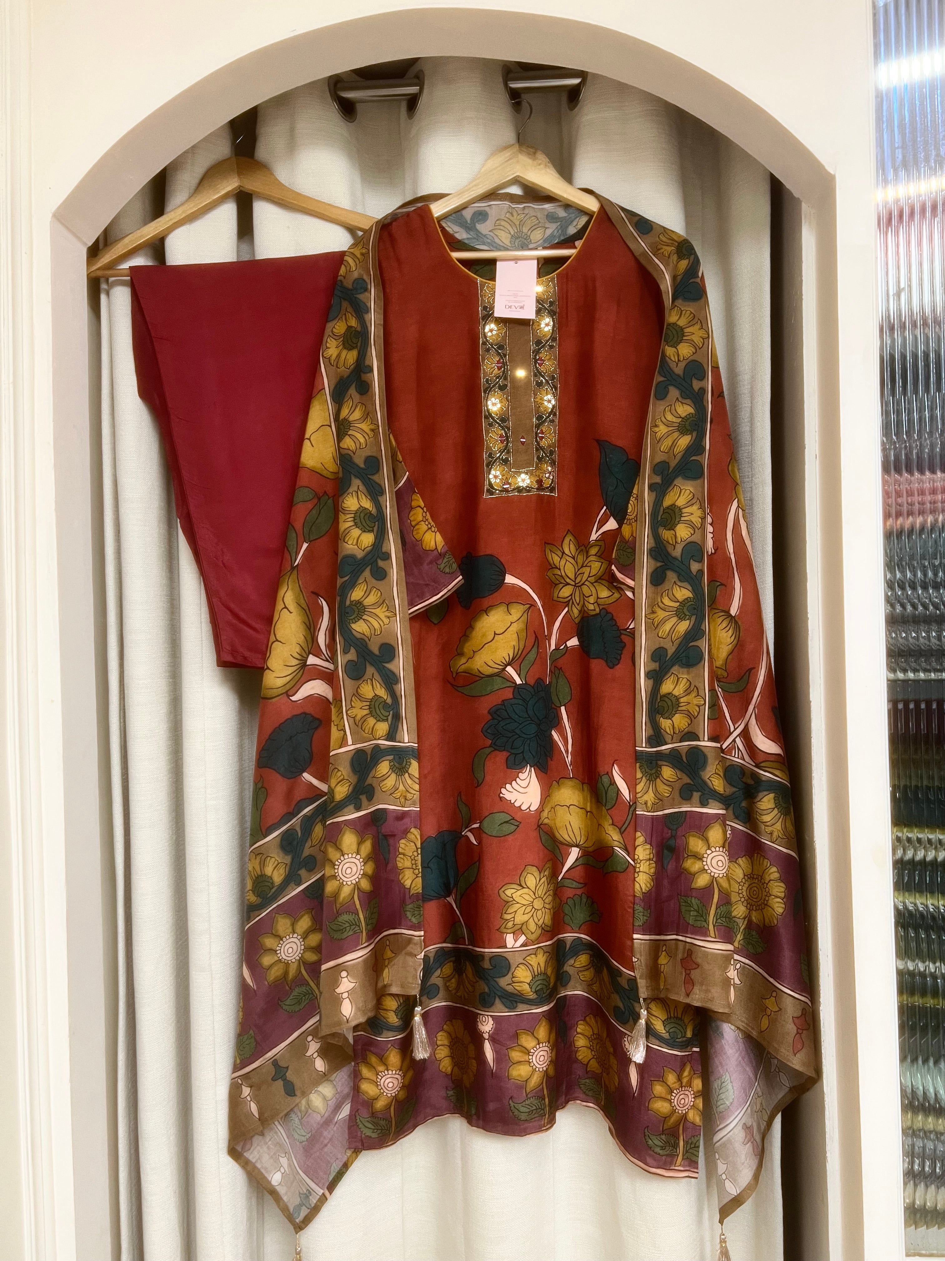 Devanshi Rust Muslin Silk Embroidered 3-Piece Set - {1075}
