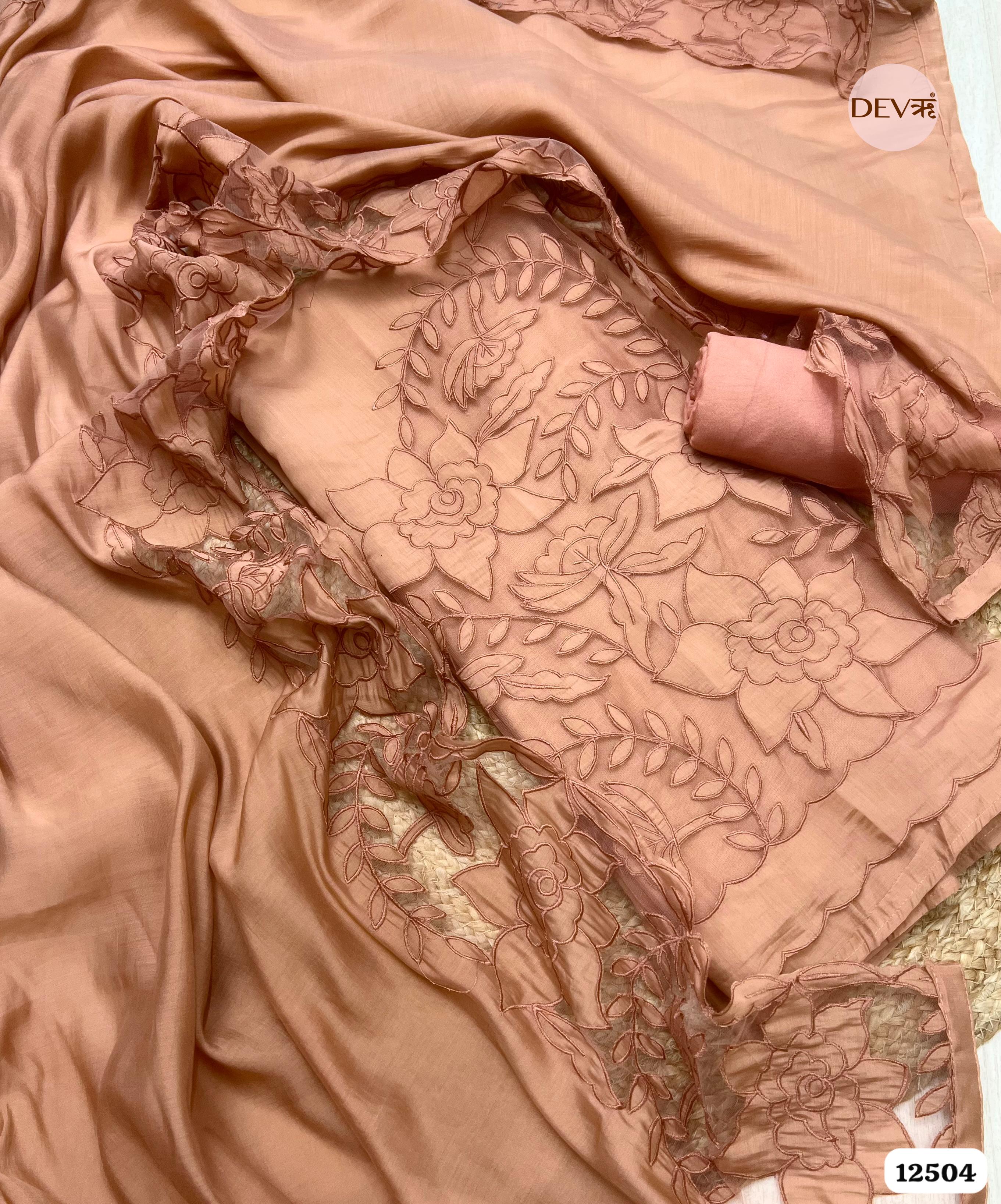 Copper Modal Silk Embroidered Unstitched 3-Piece Suit (Devri – D.No.12504)