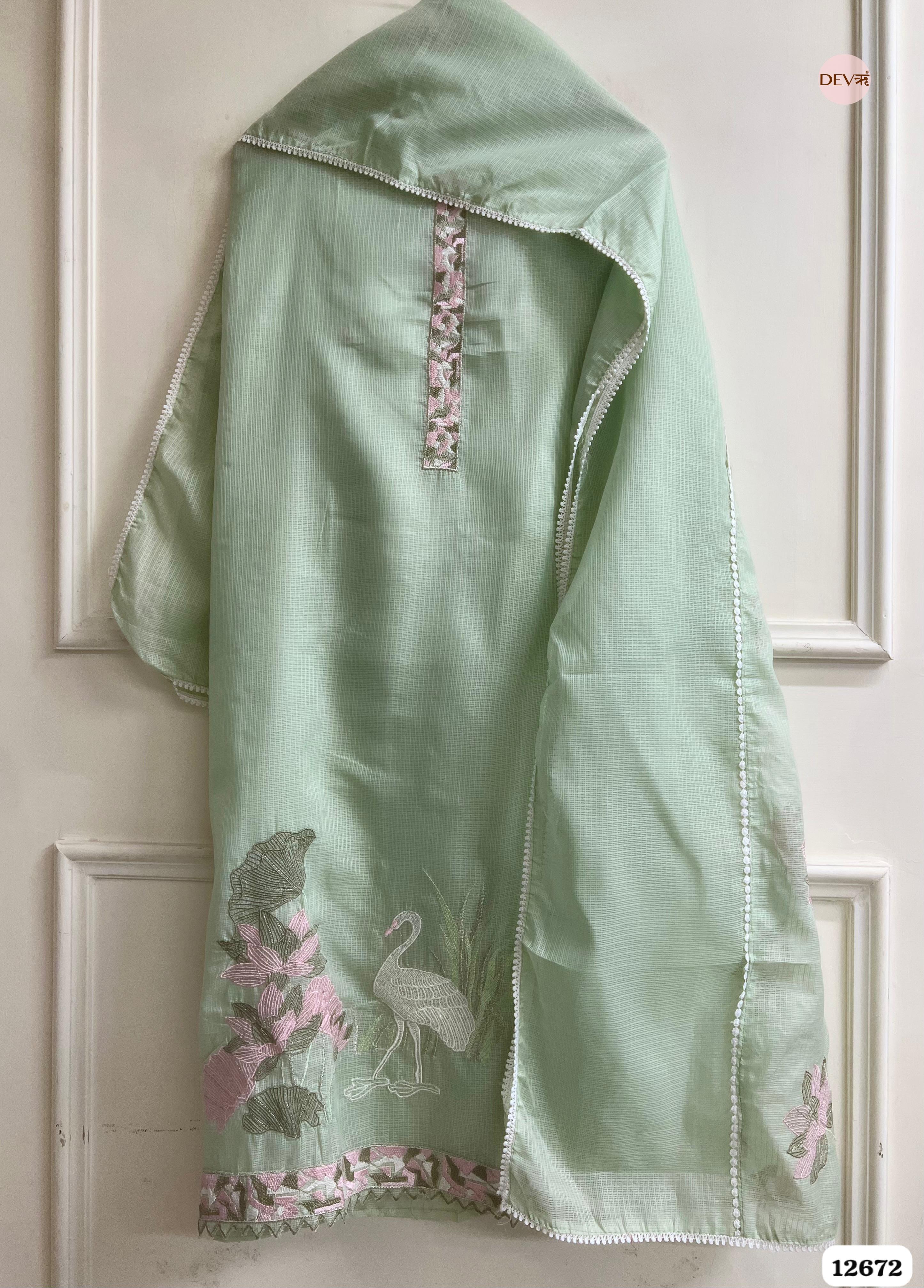 Pista Green Kota Embroidered Unstitched 3-Piece Suit (Devri – D.No 12672)