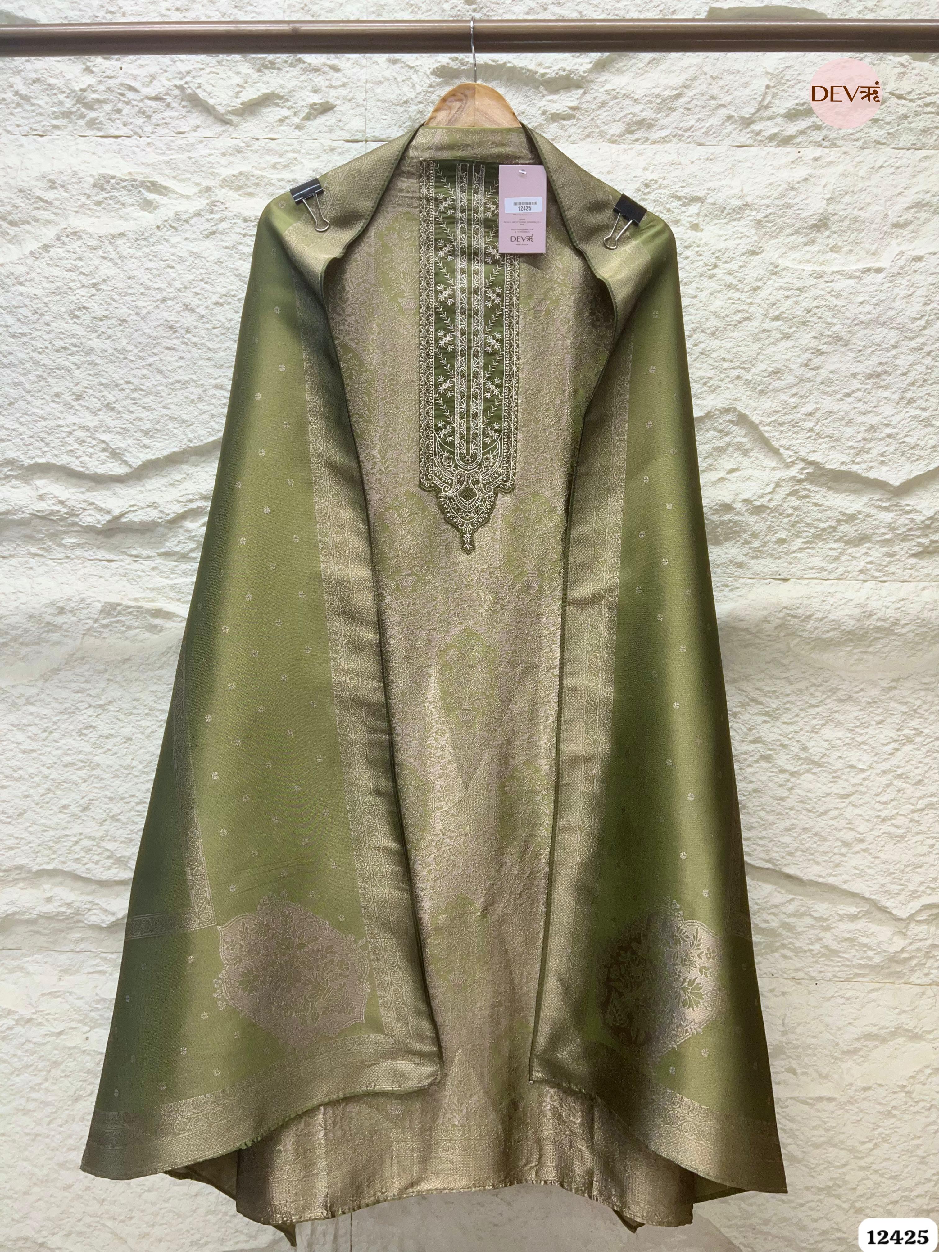 Soft Olive Banarasi Silk Printed Unstitched 3-Piece Suit (Devri – D.No. 12425)