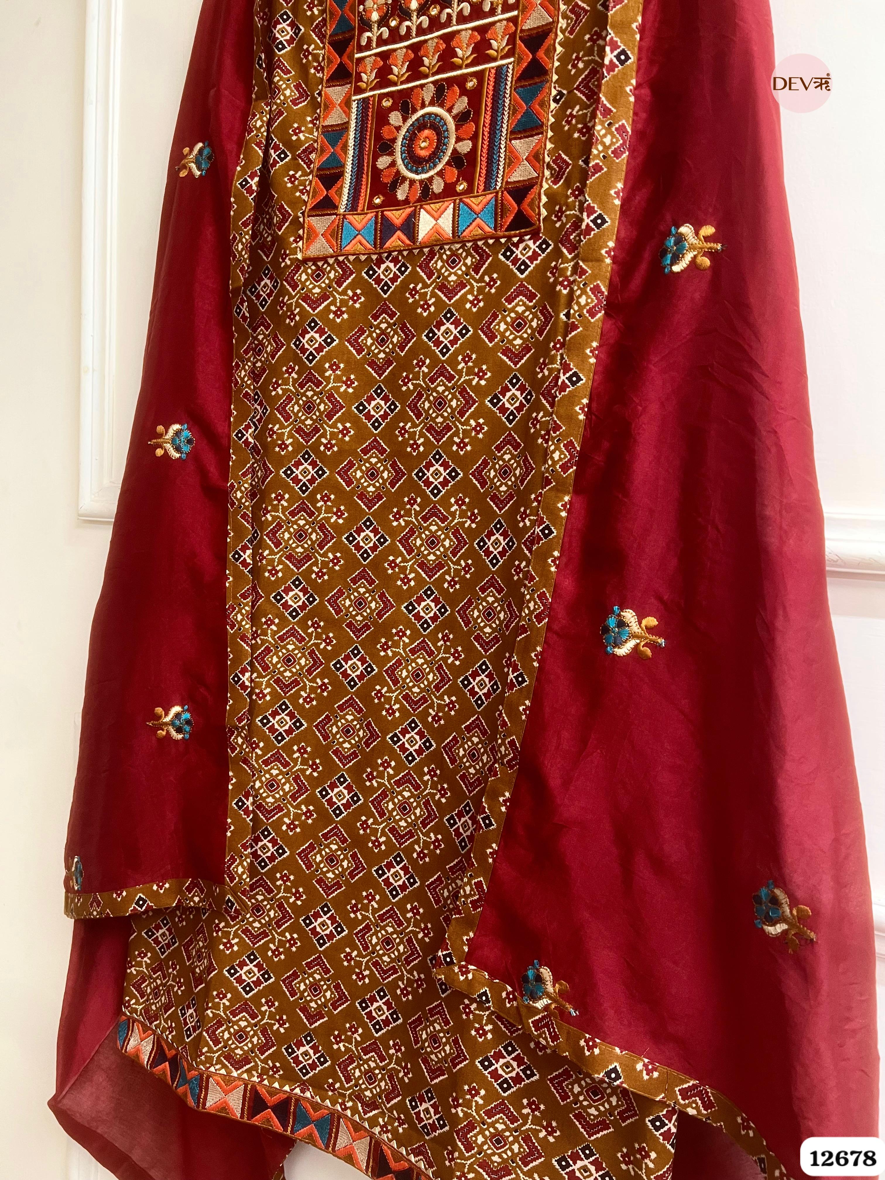 Mustard and Maroon Modal Silk Printed Unstitched 3-Piece Suit (Devri – D.No 12678)