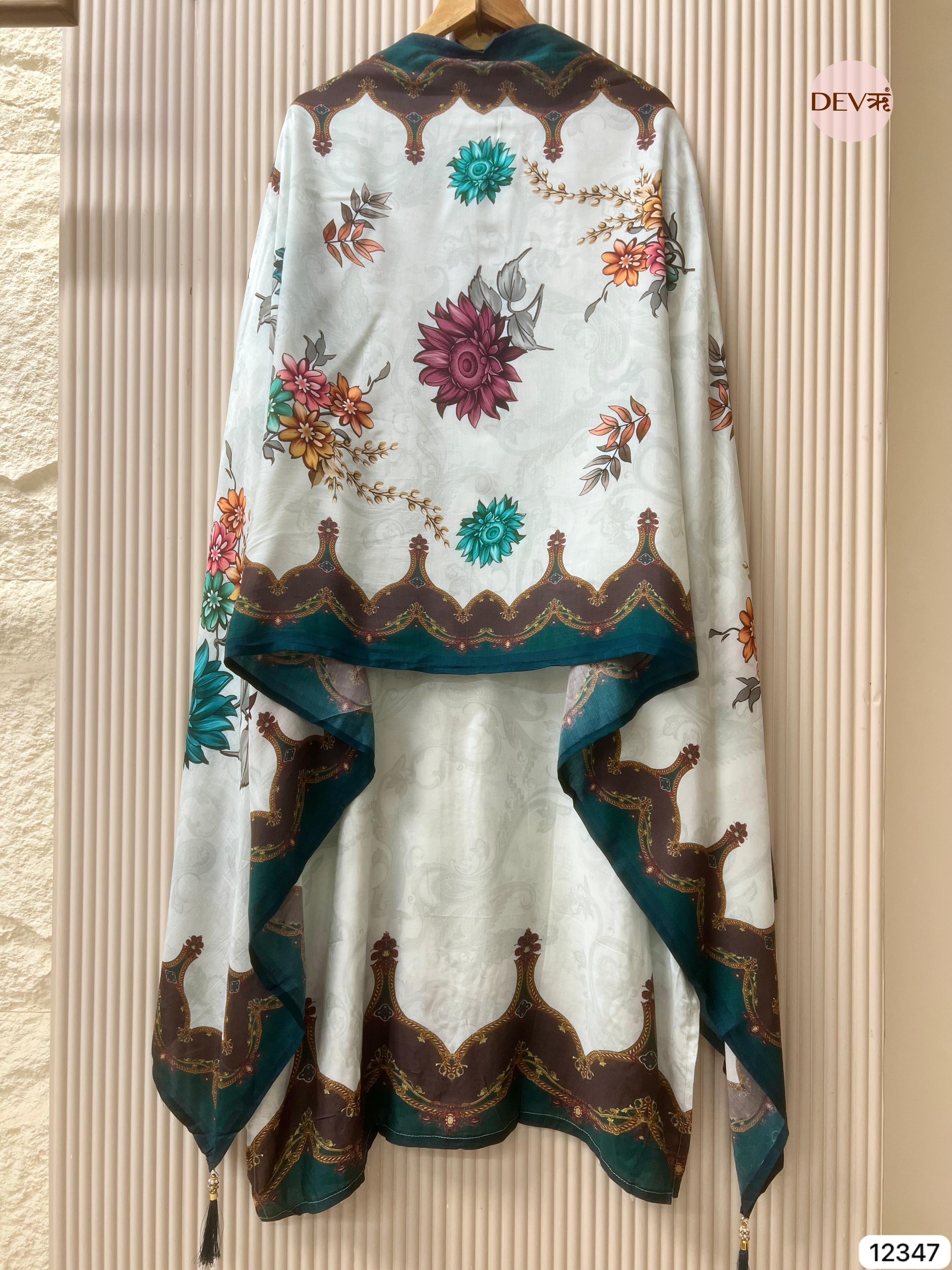 Teal Ivory Muslin Printed Unstitched 3-Piece Suit (Devri – D.No 12347)