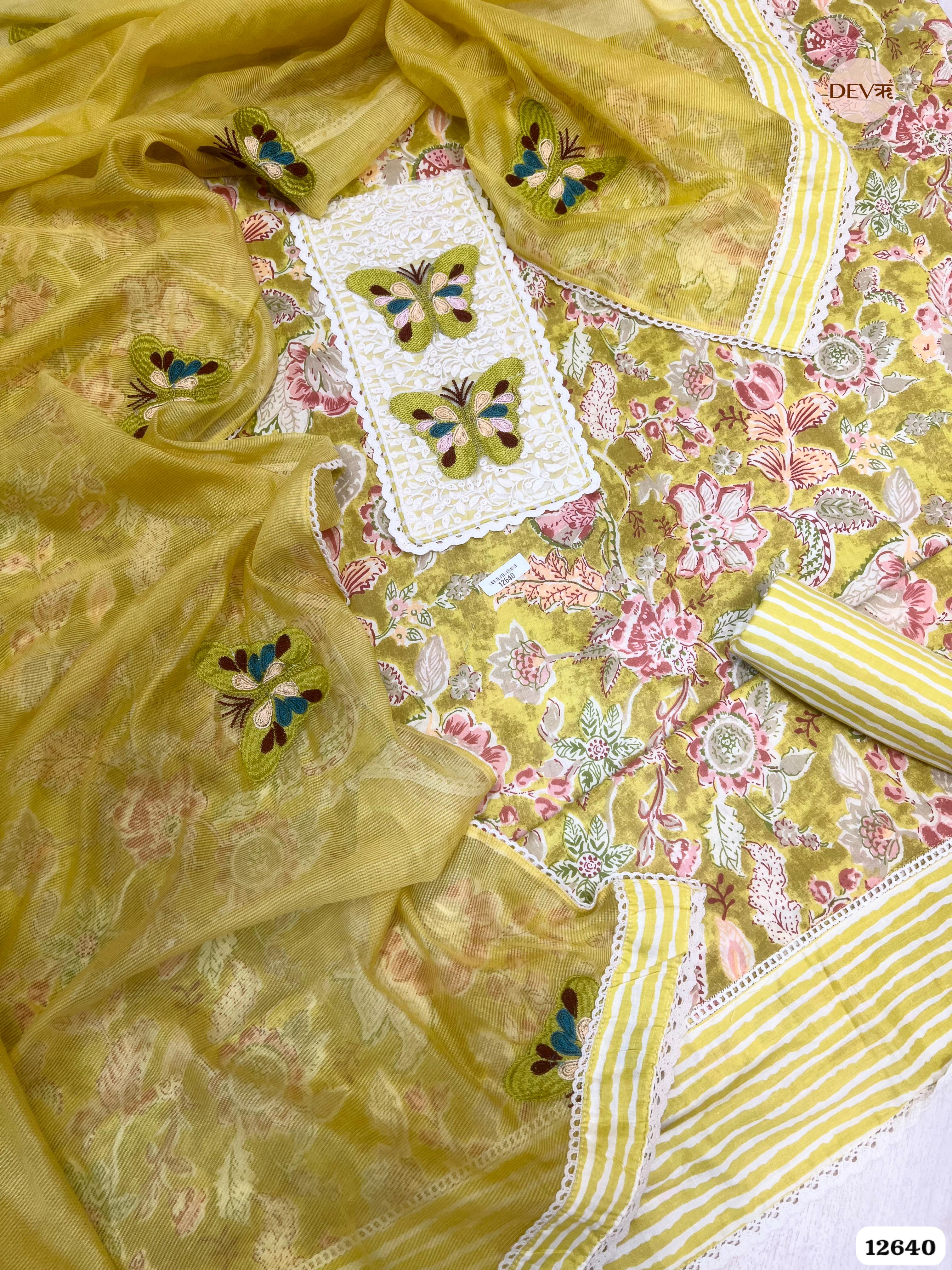 Yellow Cotton Floral Embroidered Unstitched 3-Piece Suit (Devri – D.No 12640)