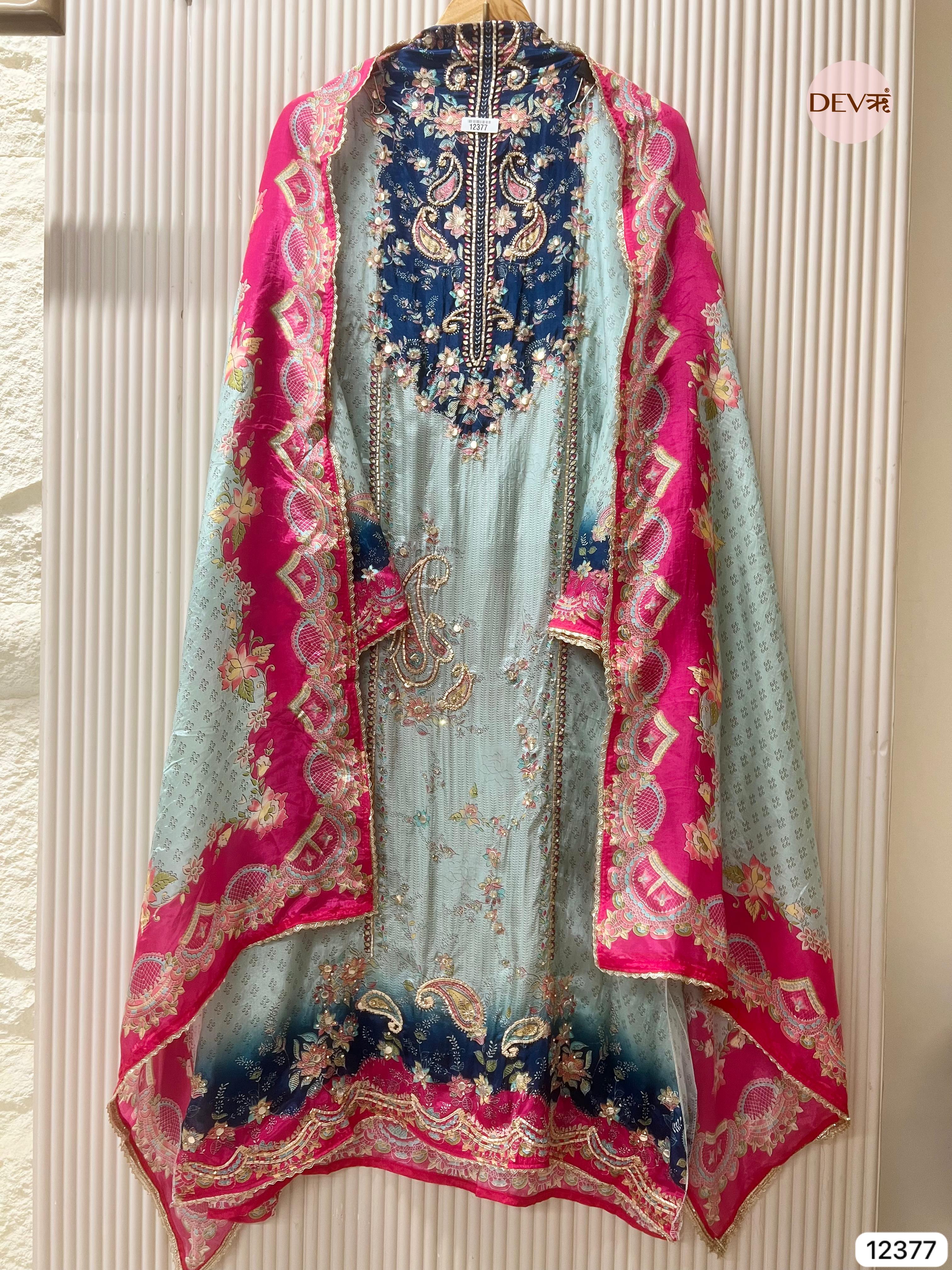 Teal and Navy Muslin Printed Unstitched 3-Piece Suit (Devri – D.No 12377)