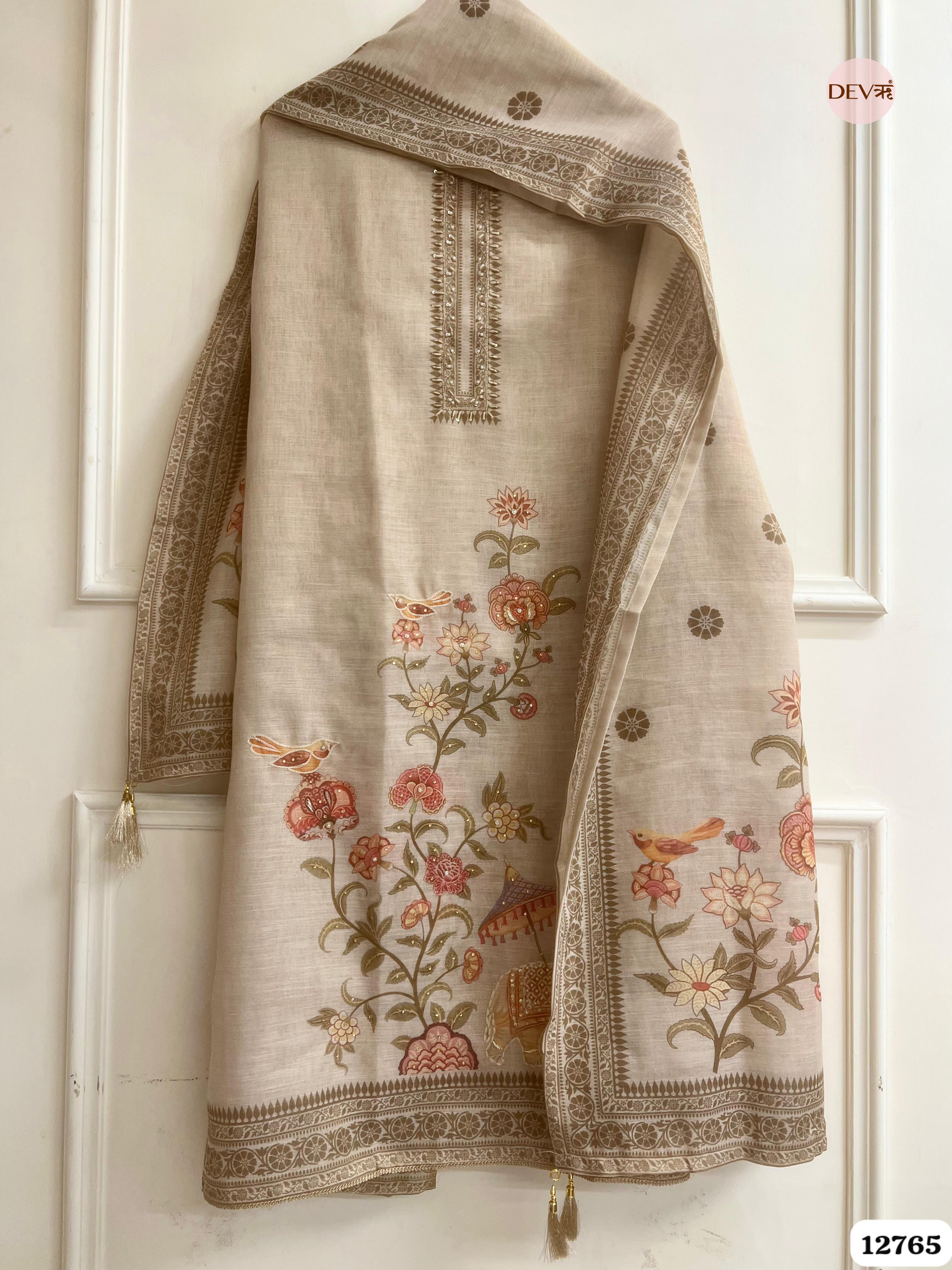 Beige Linen Cotton Embroidered Unstitched 3-Piece Suit (Devri – D.No 12765)