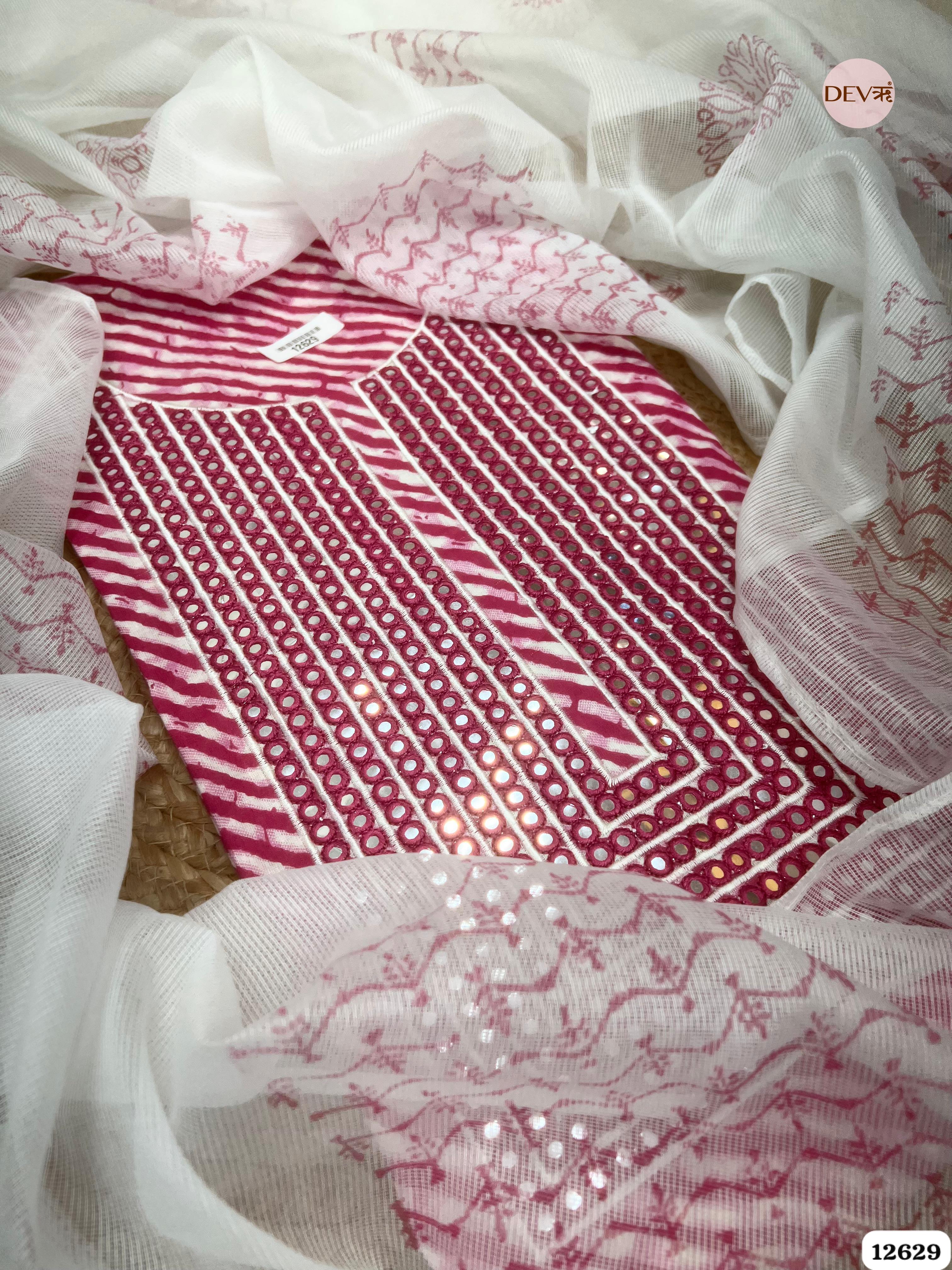 Magenta Pink Cotton Leheriya Printed & Embroidered Unstitched 3-Piece Suit (Devri – D.No 12629)