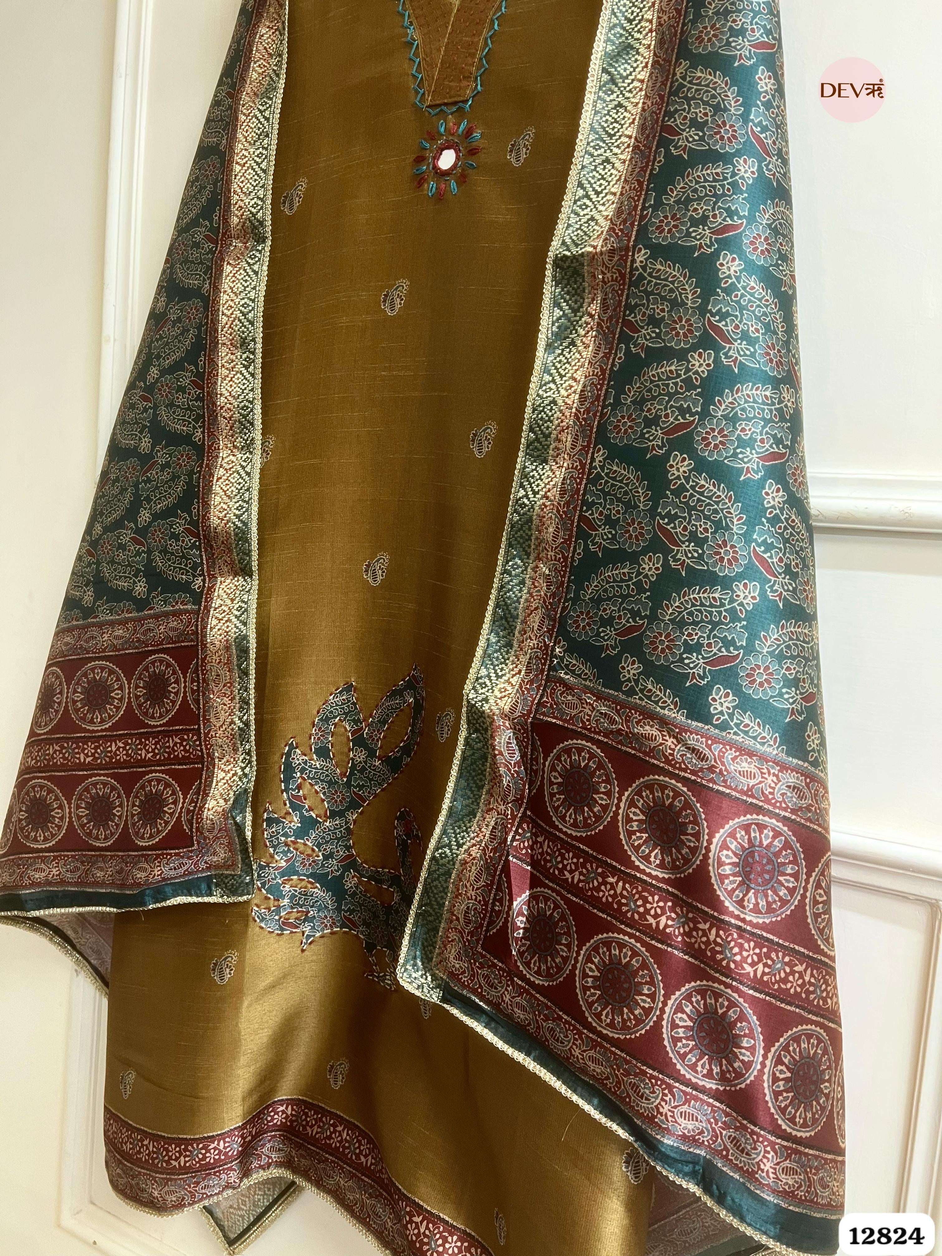 Olive Chanderi Silk Printed Unstitched 3-Piece Suit (Devri – D.No 12824)