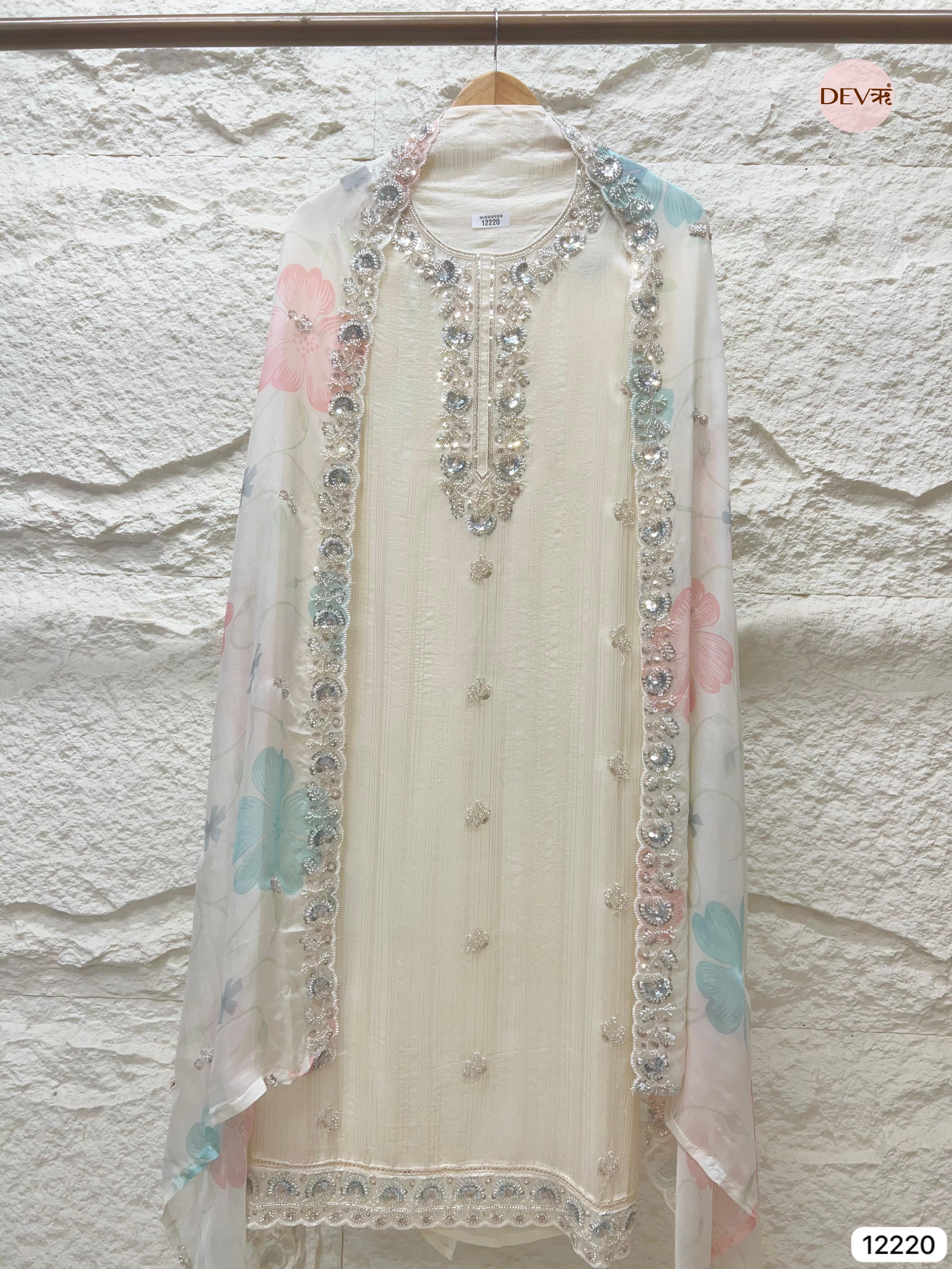Ivory Pure Organza Hand-Embroidered Unstitched 3-Piece Suit (Devri – D.No 12220)