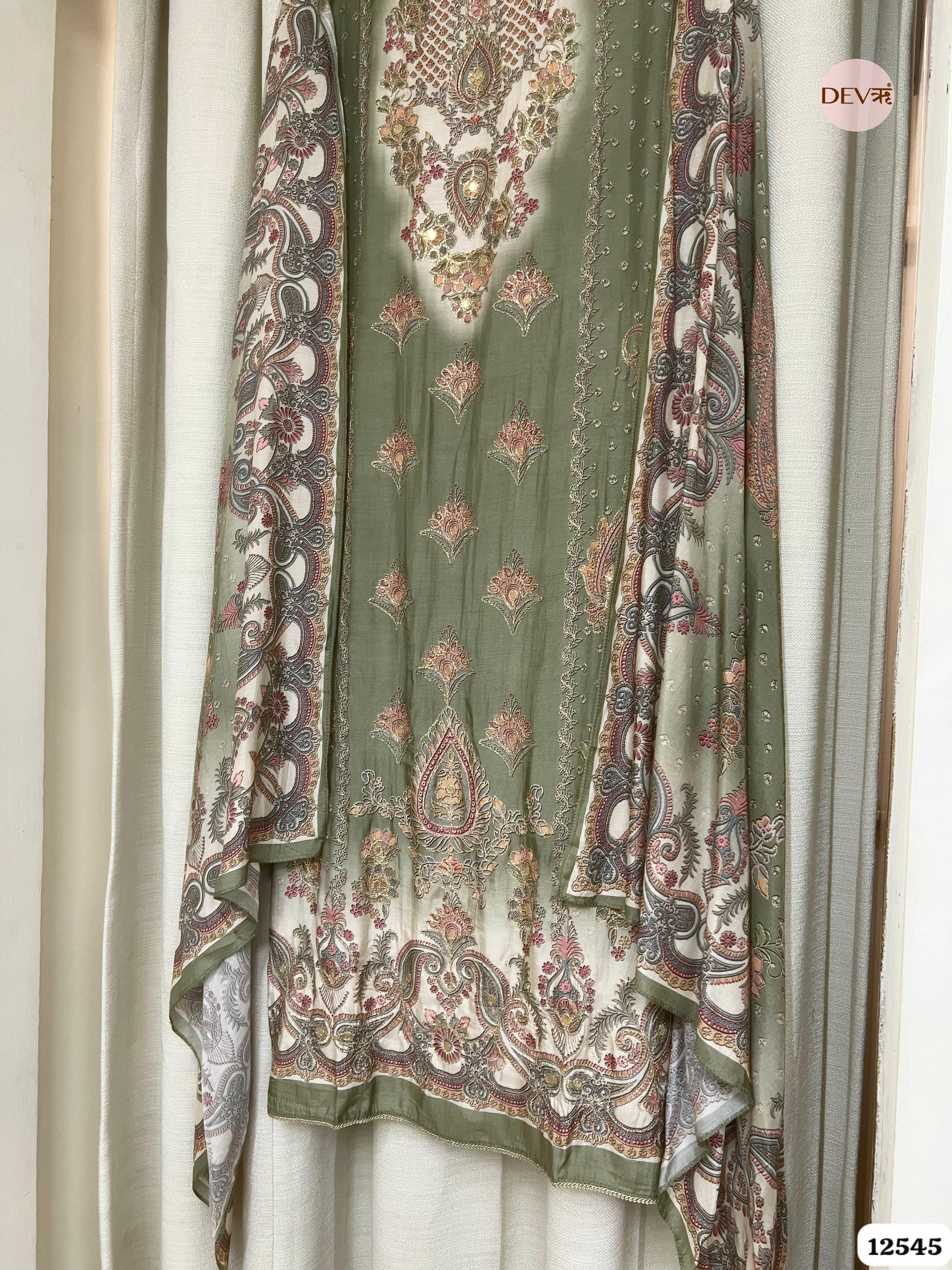 Olive Green Muslin Embroidered Unstitched 3-Piece Suit (Devri – D.No 12545)