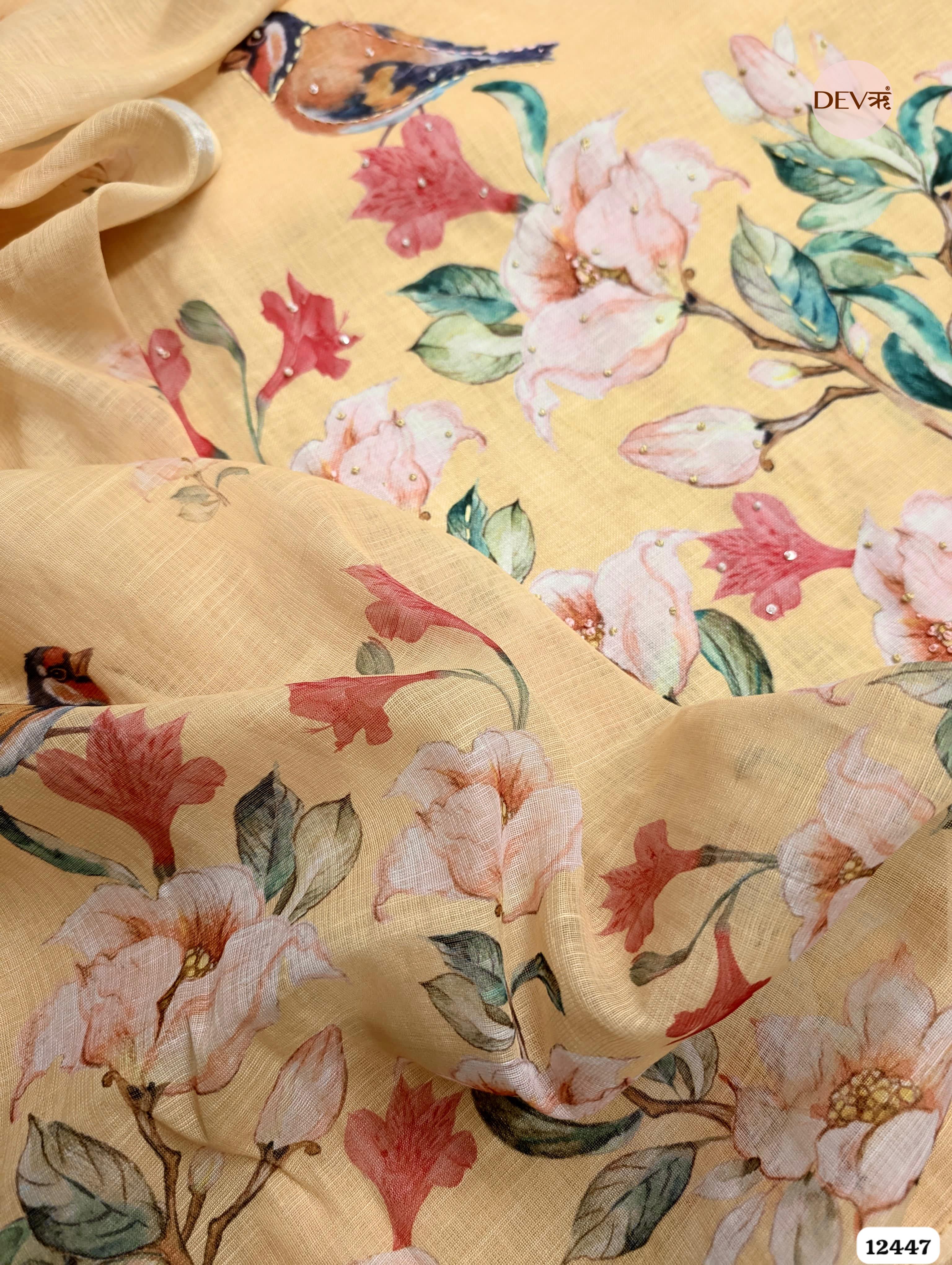 Yellow Linen Cotton Printed Unstitched 3-Piece Suit (Devri – D.No 12447)