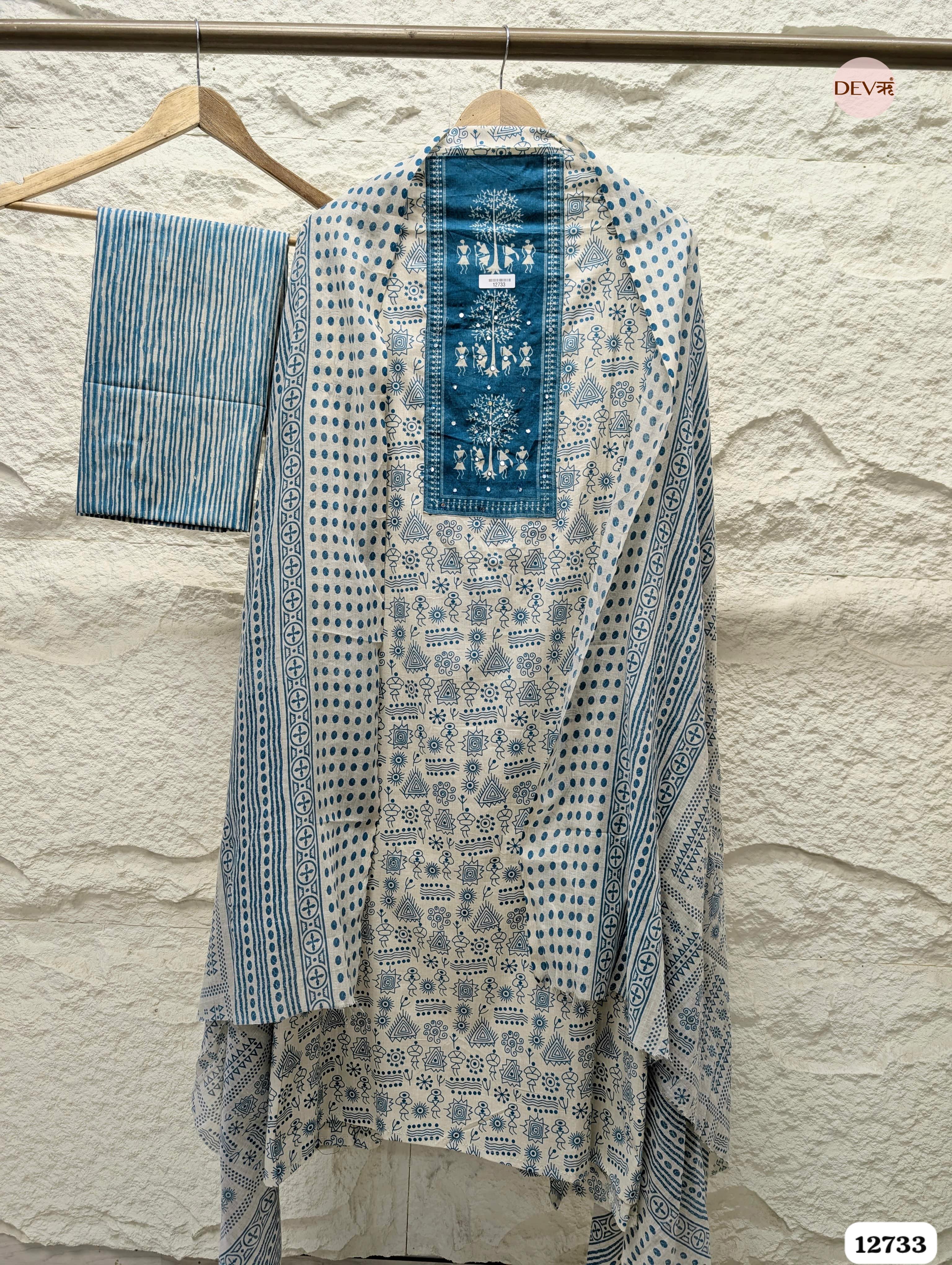 Indigo and Ivory Cotton Printed Unstitched 3-Piece Suit (Devri – D.No 12733)